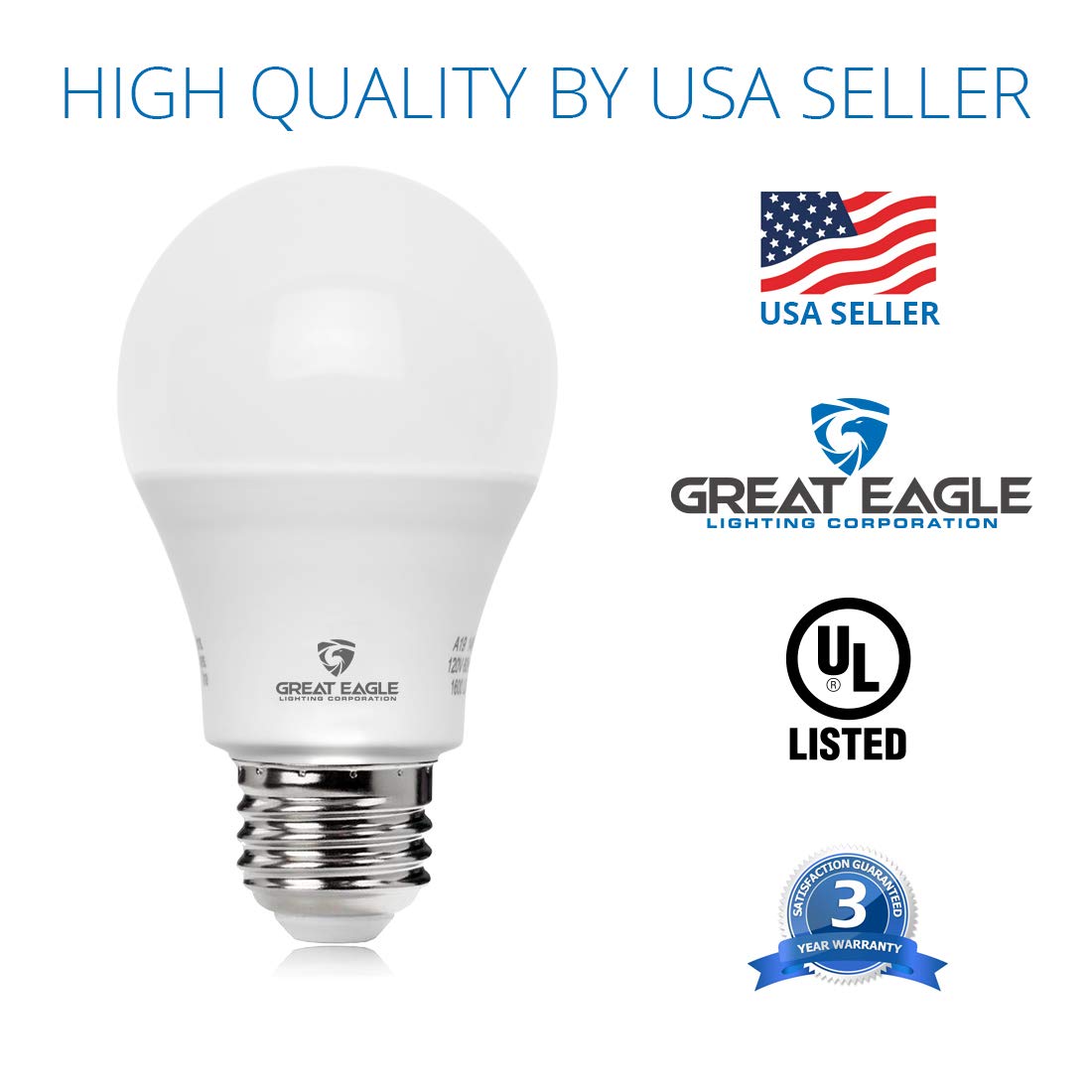 GREAT EAGLE 100W Equivalent LED Light Bulb, 1500 Lumens, A19, 4000K Cool White, Non-Dimmable, 4-Pack, UL Listed