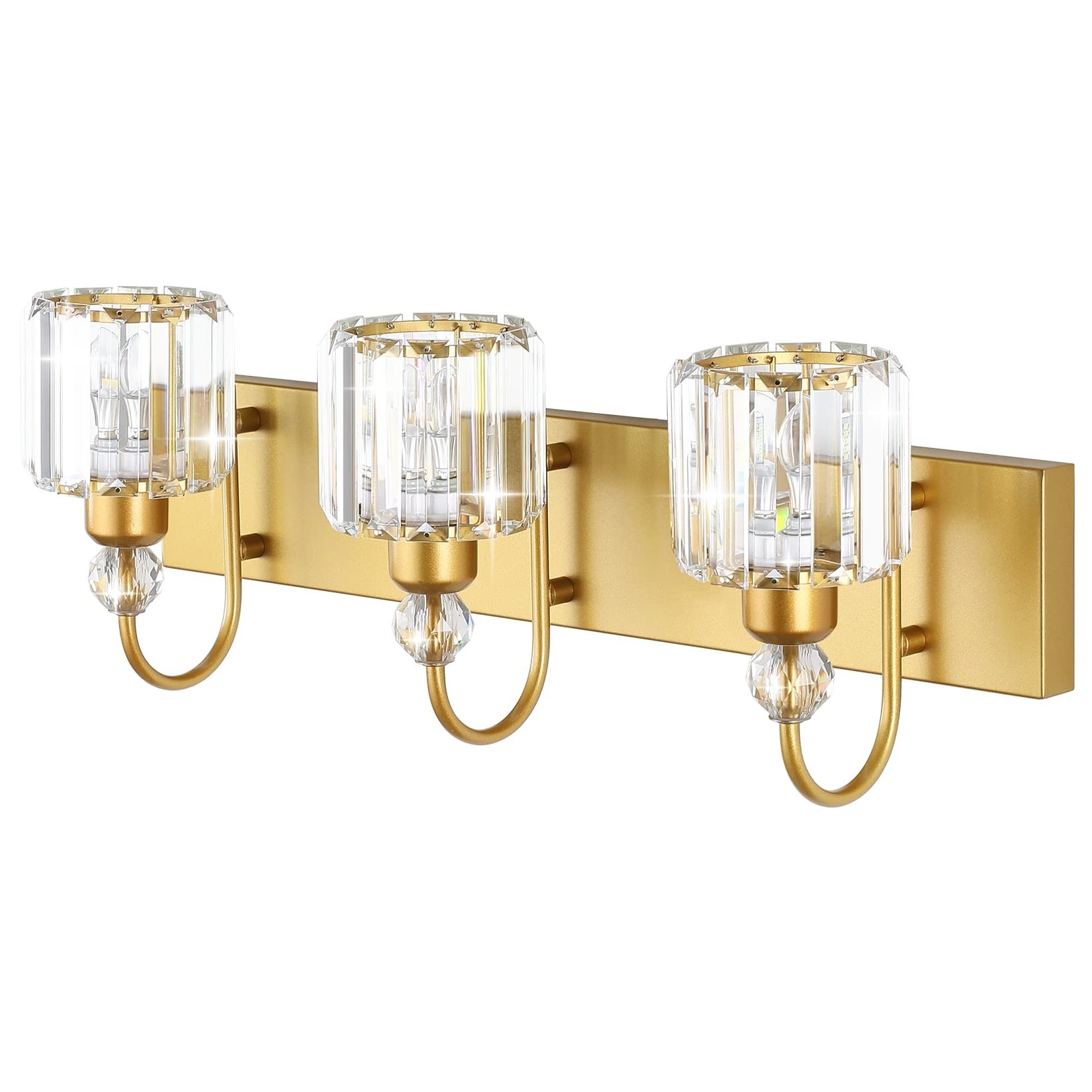 Ralbay 3-Light Gold Crystal Bathroom Vanity Lights Over Mirror, Modern Round-Gold Design, Model 8600