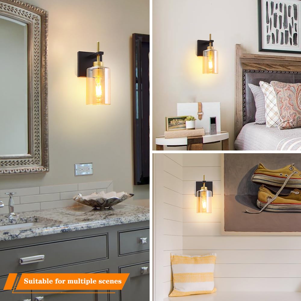 DSMJFU Modern Bathroom Light Fixtures, Black and Gold Wall Sconces, Hardwire Amber Glass, Model DX23001V1B&G-AM-2, Set of Two