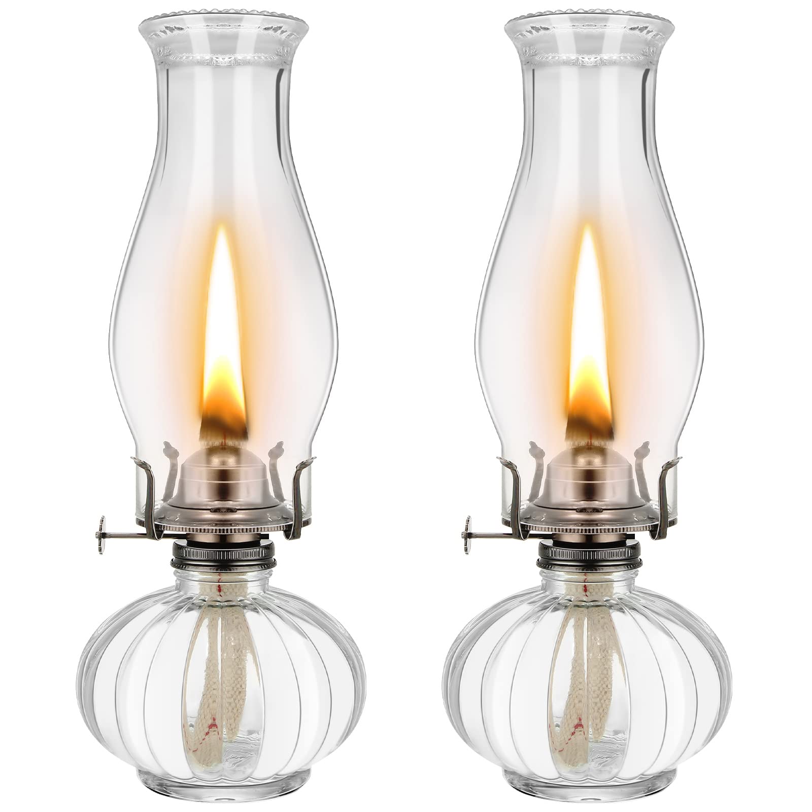 2 Set Chamber Oil Lamp Classic Kerosene Lamp Large Oil Glass Lantern Vintage Hurricane Lamp with Adjustable Fire Wick for Home Indoor Use Chimney Burner, 13 inch Heigh(Clear)