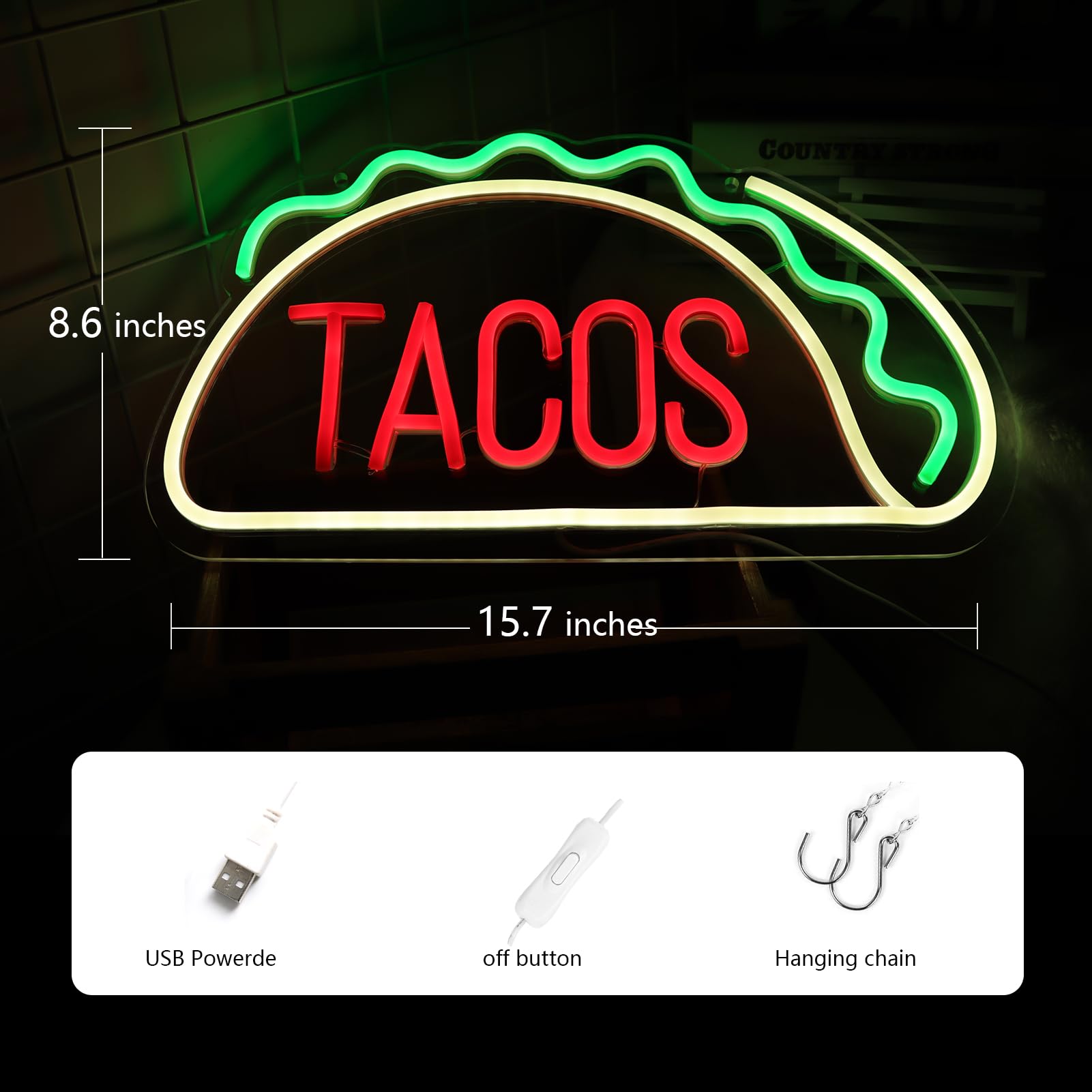 Jfllamp Tacos Neon Sign - Led Wall Decor For Mexican Restaurant, Unique Gift, 15.8"X8.7"