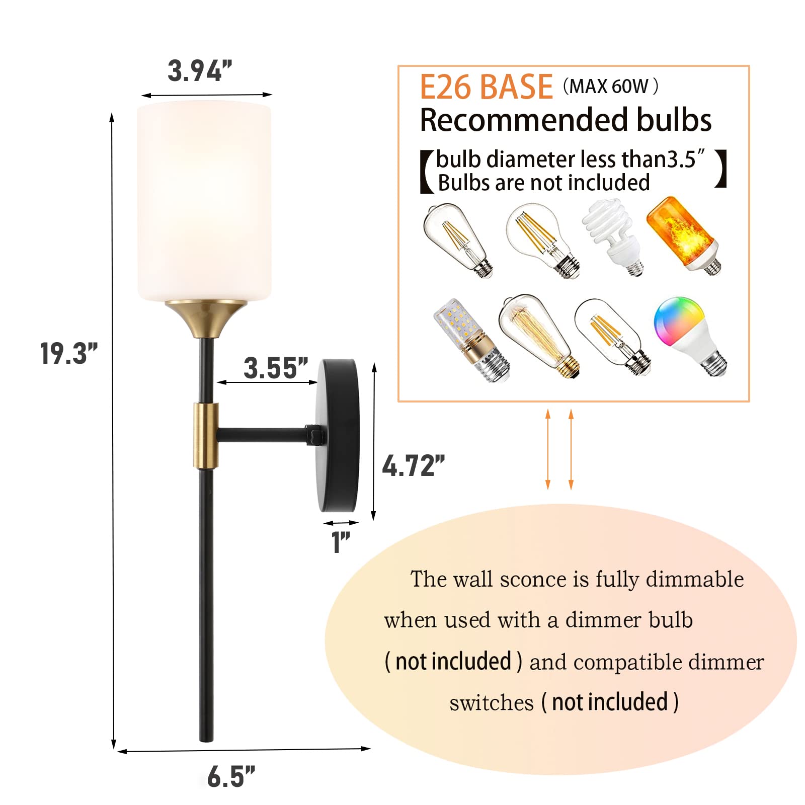 Byoliima Industrial Mid Century Wall Sconce Set Of 2 With White Cylinder Glass Shades Modern Bathroom Vanity Wall Lamp Black And