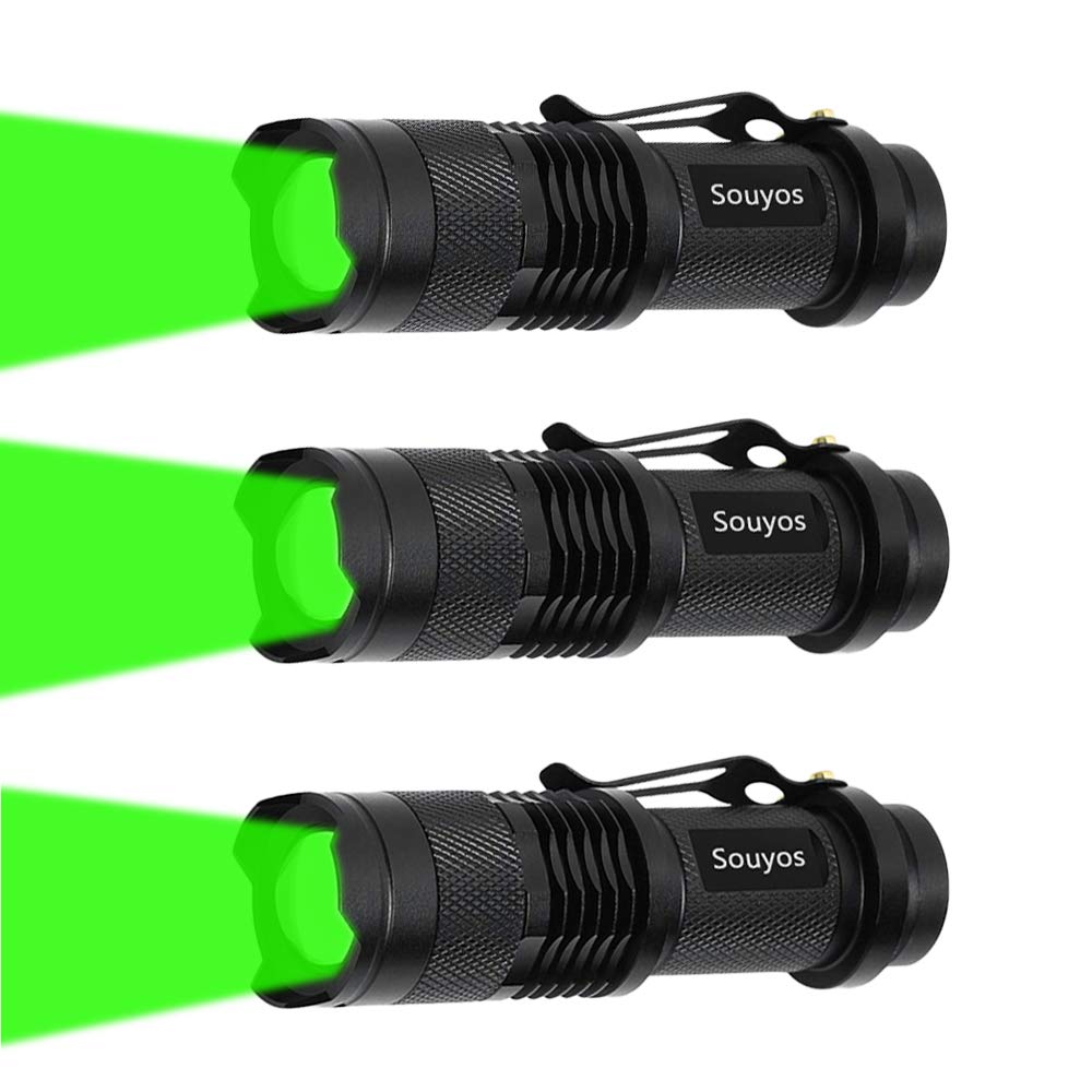 Souyos Green LED Flashlight 3 Pack - Zoomable, 3 Light Modes, Aluminum, Black