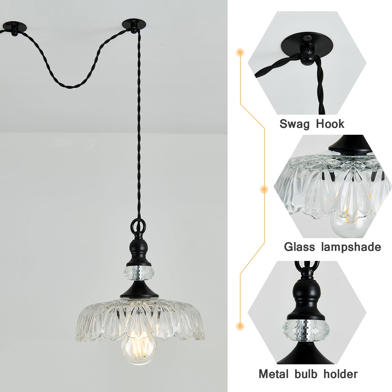 Cvkash Plug In Glass Pendant Light Fixture Black Vintage Adjustable Chandelier Hanging Ceiling Light For Farmhouse Hallway Bedro