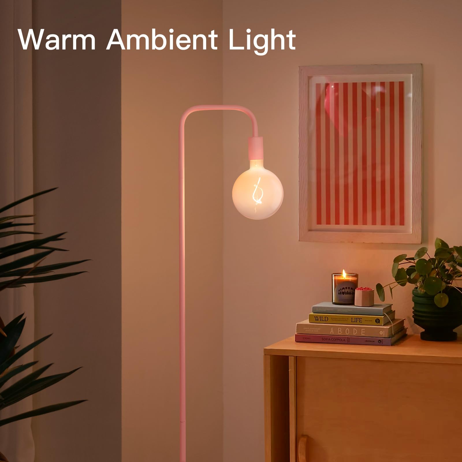 Onewish Pink Floor Lamp For Bedroom, Cute Standing Lamp With Led Bulb, Translucent Pink Globe Glass 2700K Warm Lighting. Globe F