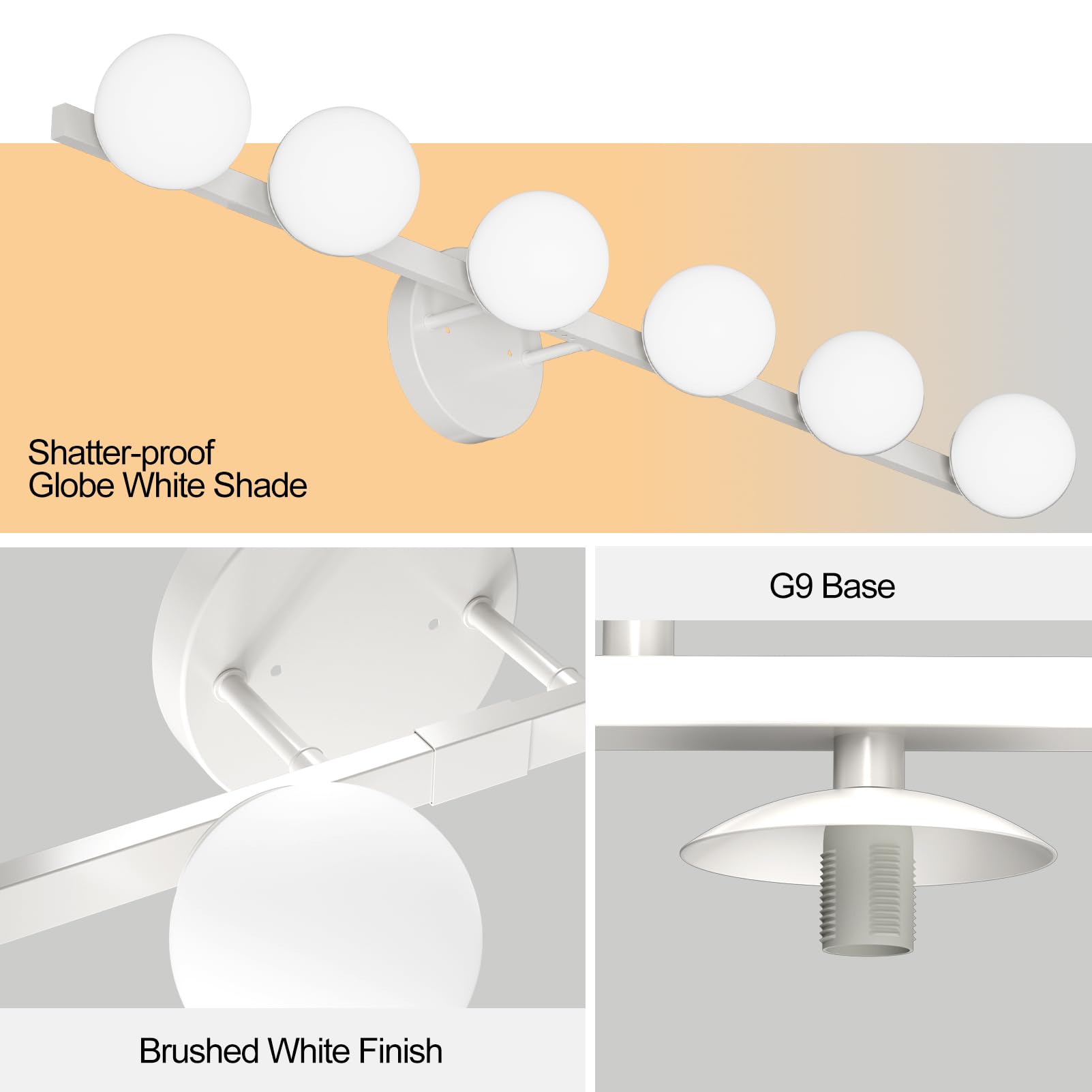 Lightdot 38'' 6-Light Modern Bathroom Vanity Light | Matte Gold Straight Frame With White Globe Water/Shatterproof Shades | Dimm