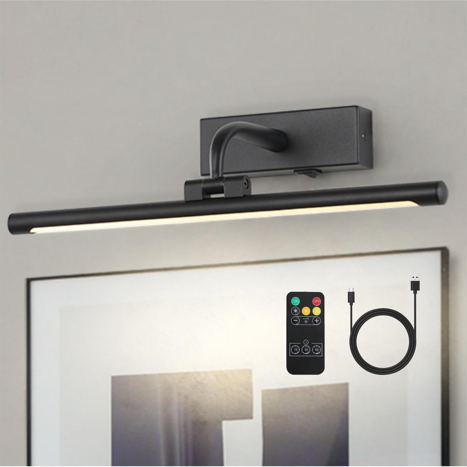 DLCL Battery Operated Picture Light with Remote and Timer, 15.94in Wireless Gallery Light Black 3CCT Rechargeable Art Light for 