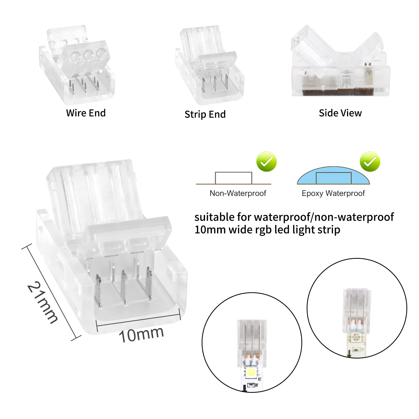 Rgbzone 10Pcs 3 Pin 10Mm Led Strip Connectors Gapless Solderless Strip To Wire Quick Connector For 10Mm Waterproof And Non-Waterproof Ws2811 Ws2812B Led Strip Lights