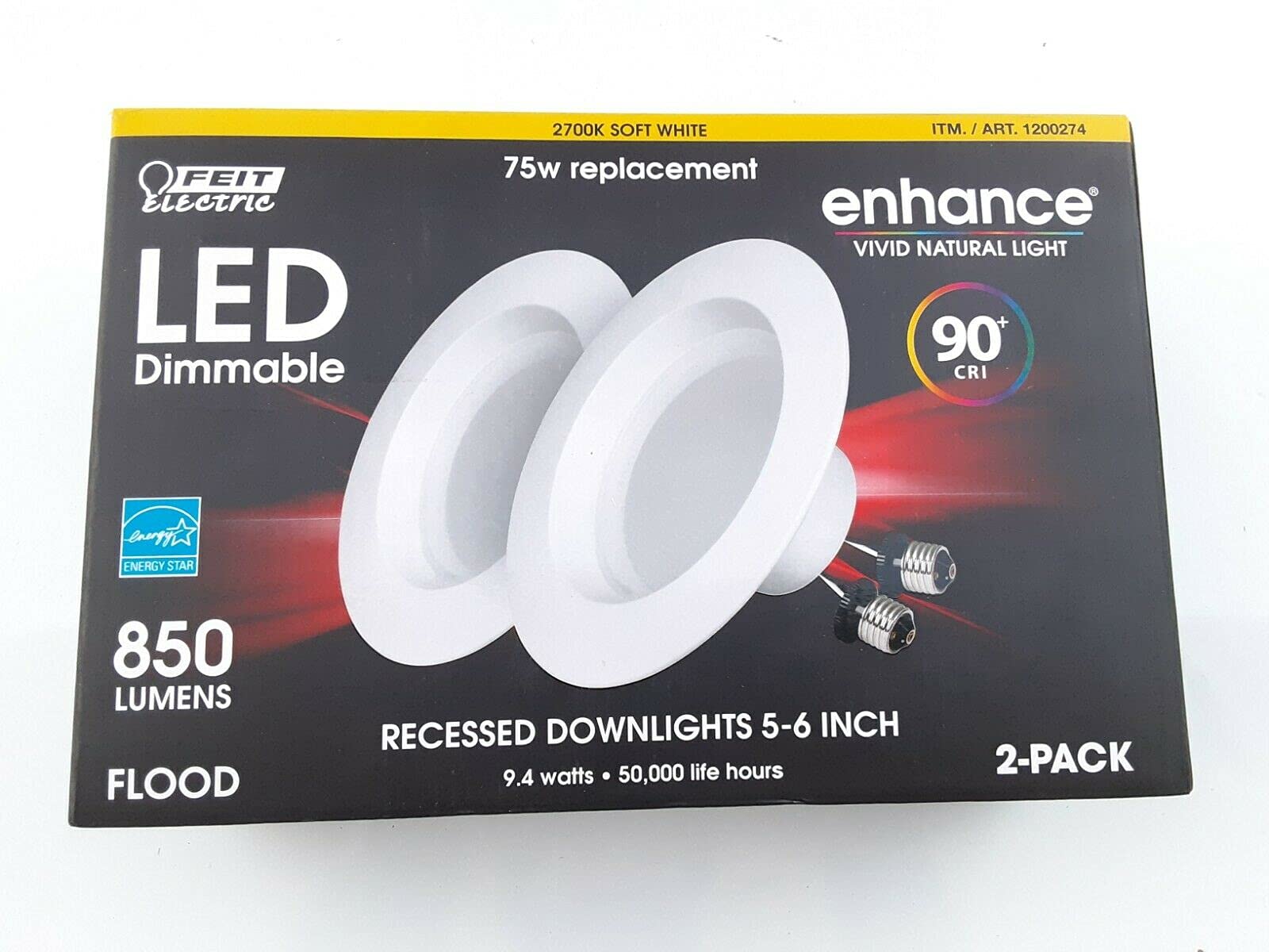 Feit Electric LED Bulb 75W 90+ CRI 2 Count Pack Soft White CELEDR6/927/2