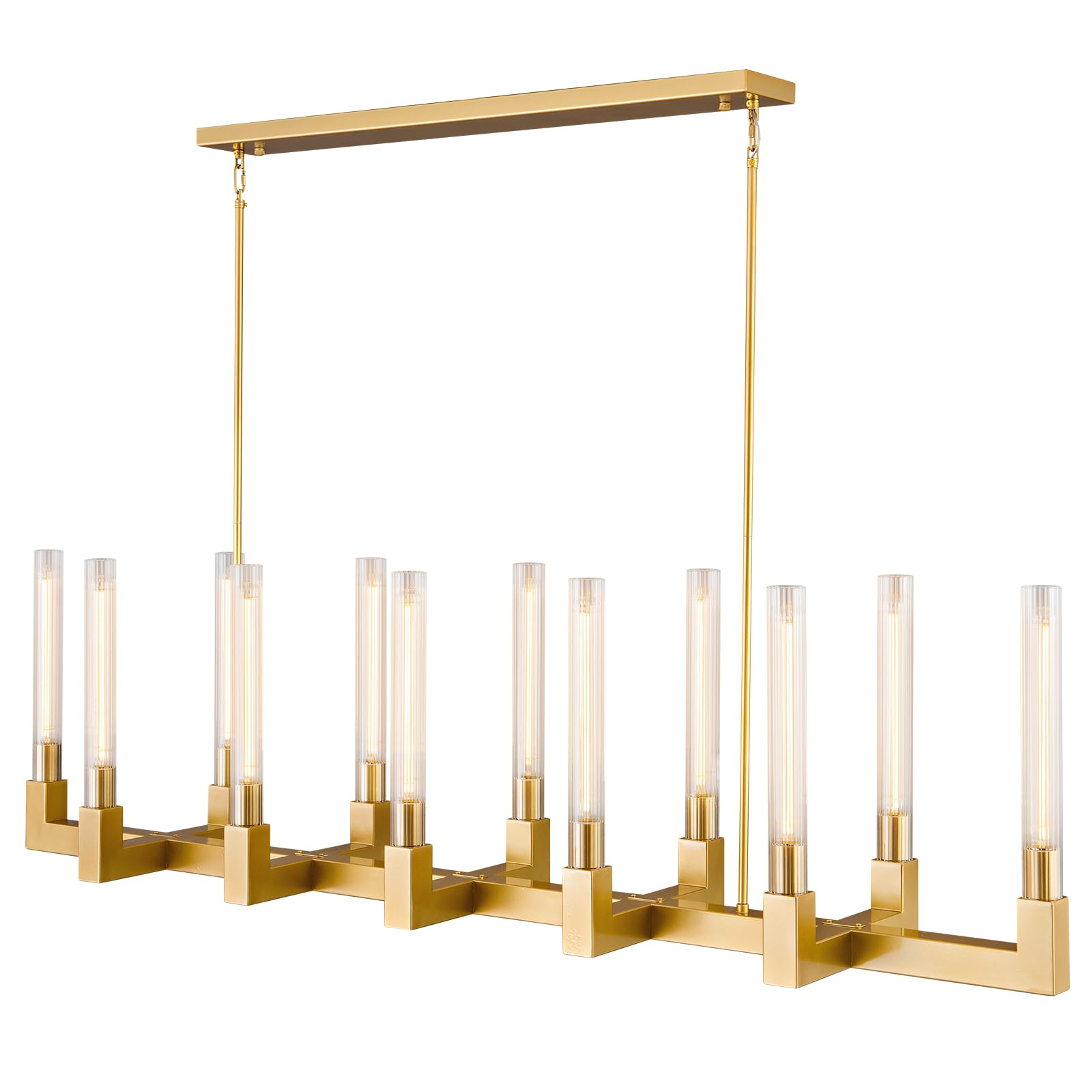 YUEXPAND 68-Inch 12-Light Gold Modern Chandelier with Knurled Glass Tube Shades, Rectangular Luxury Ceiling Pendant Light Fixtur