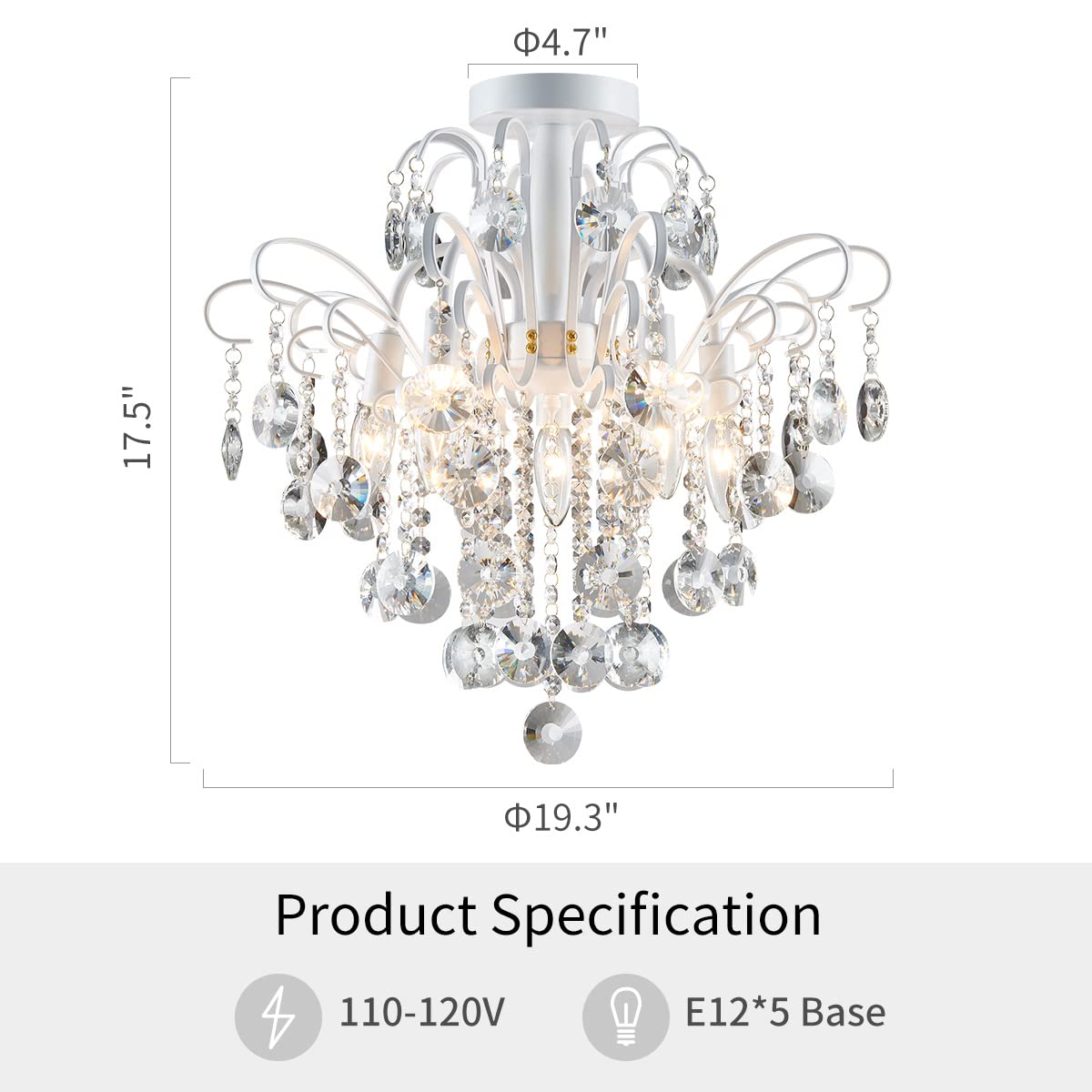 WUZUPS Crystal Chandelier Flushmount Ceiling Light, 17.5" H x 19.3" W, White Glass Fixture for Bedroom, Hallway, Bar, Kitchen, Bathroom - Model