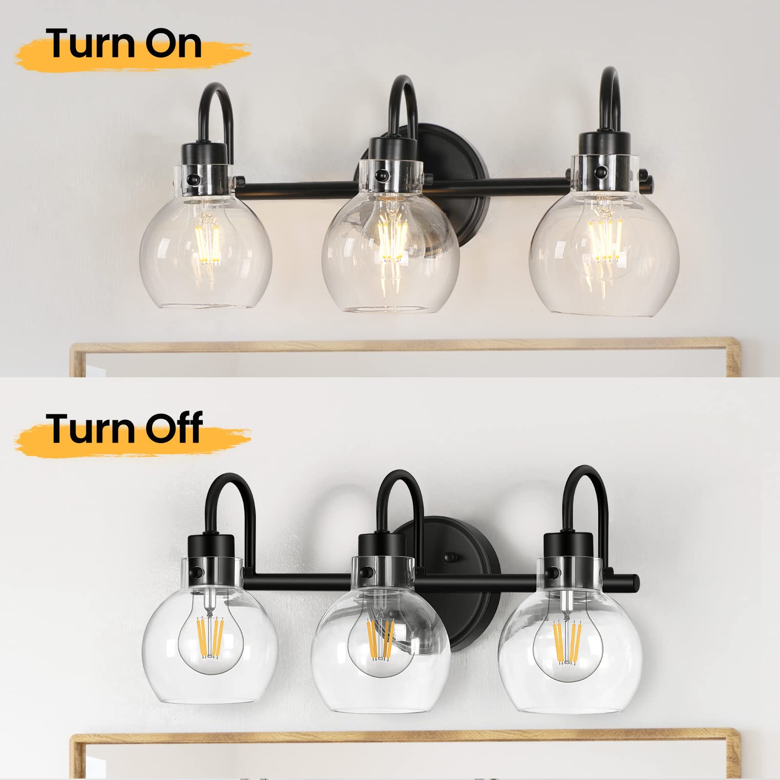 Apenath 3-Light Black Bathroom Vanity Light Fixtures with Globe Glass Shade, Metal, Model FL-3BRWL-01