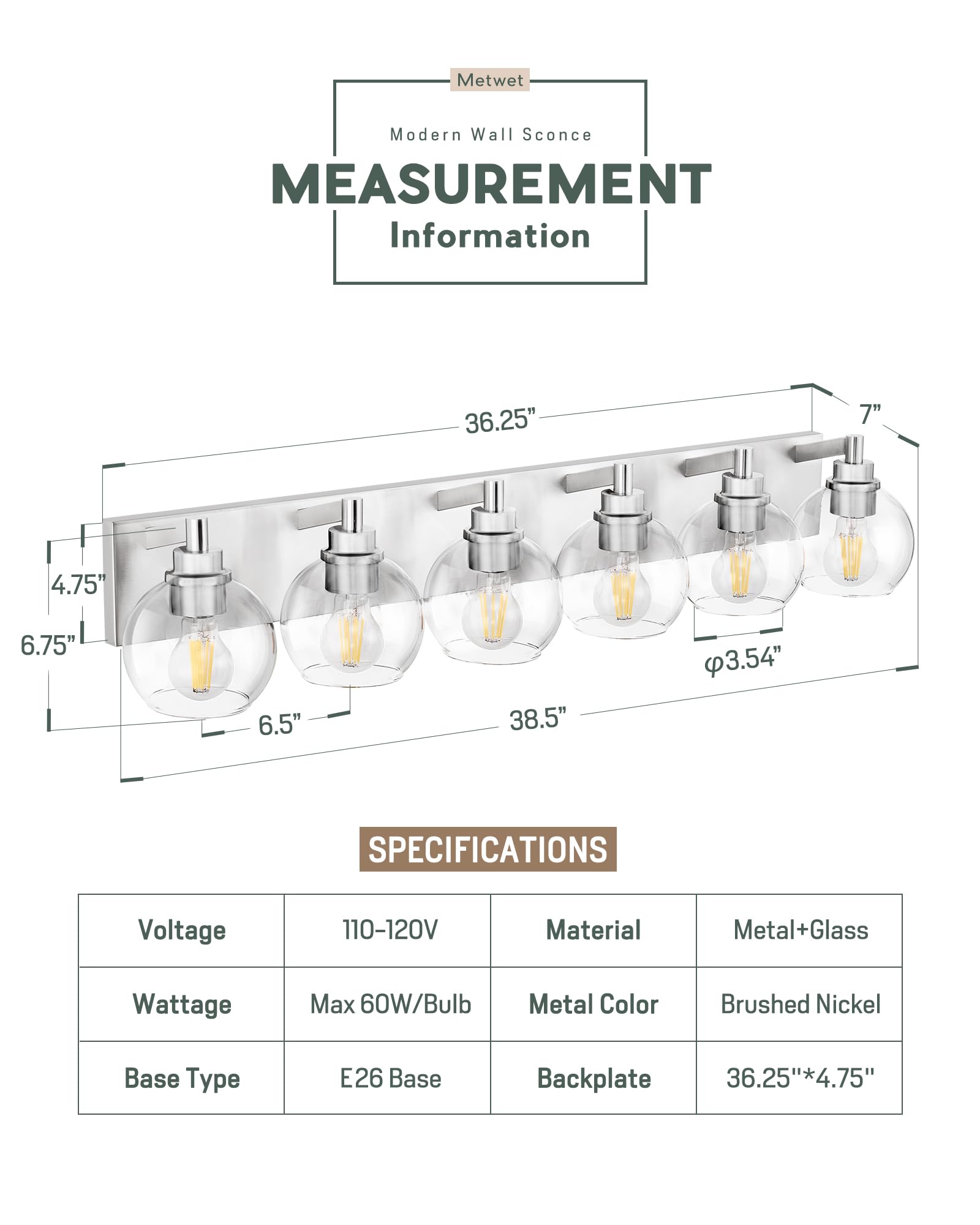Metwet Bathroom Light Fixtures, 6 Light Brushed Nickel Vanity Light, 38 Inch Modern Wall Sconces With Globe Clear Glass Shade, V