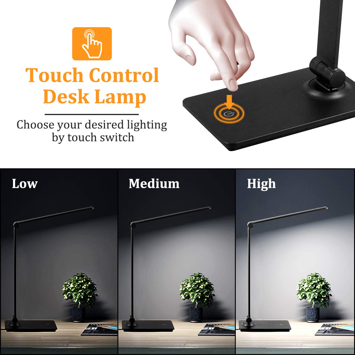 Dott Arts LED Desk Lamp - Touch Control, 3 Brightness Levels, Adjustable Arm, Foldable, Black, Model DL-701