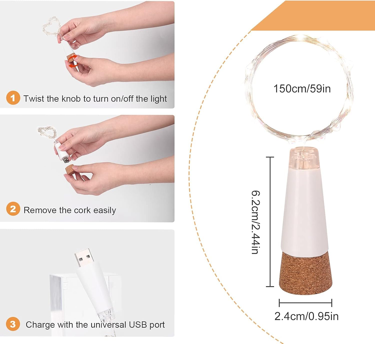 Leegoal Led Cork Bottle Lights, Waterproof Rechargeable Usb Led String Lights Fairy Lights With 2M 20 Led, Great For Diy, Party, Christmas Decoration, Halloween, Wedding