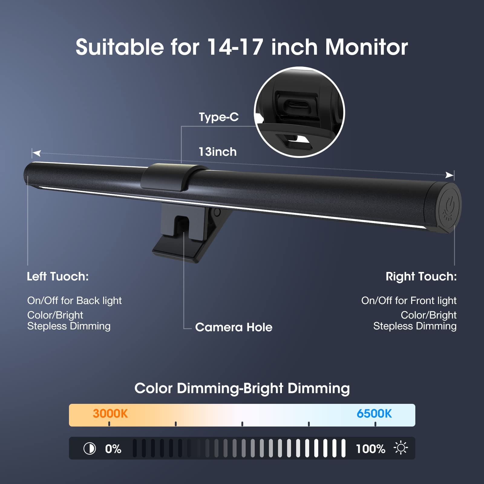 Oowolf Monitor Light Bar, 13 Aluminum Desk Lamp, Cri=95, Black, Eye-Caring, Dual Light, 3-Color Mode, Model Lm-Us-Tl04Pro