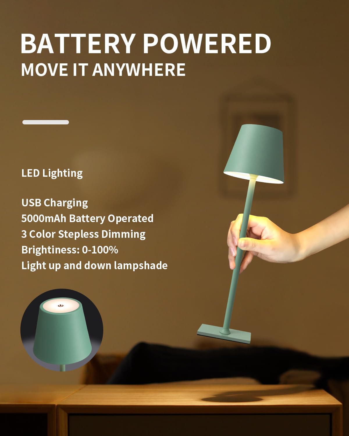 Kdg Cordless Table Lamp - 5000Mah Battery, 3 Color Dimming, Green, For Indoor/Outdoor Use