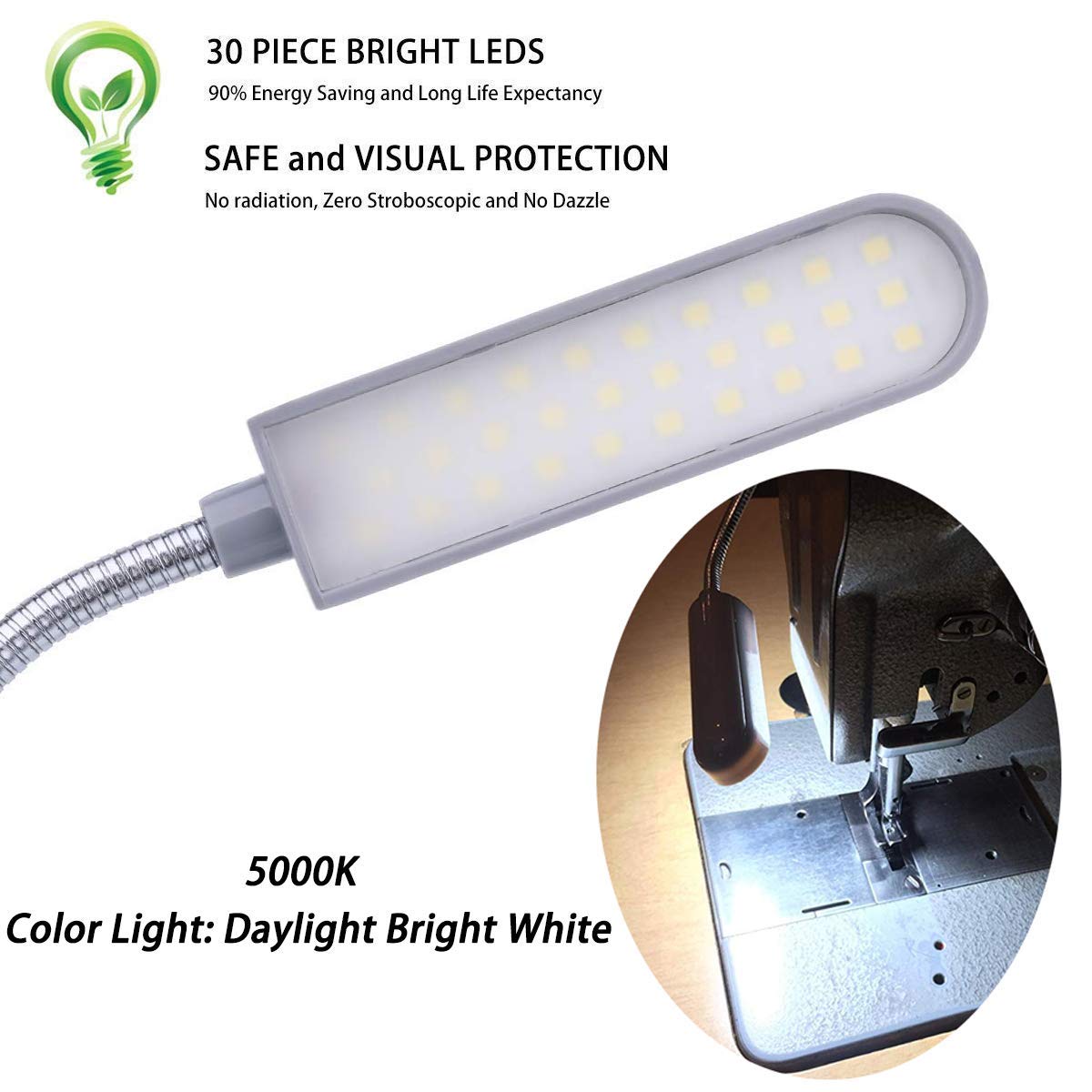 EVISWIY Sewing Machine Light LED, 30 LEDs, 6W, Flexible Gooseneck, Magnetic Base, 3 Pack, Silver, Model 4233