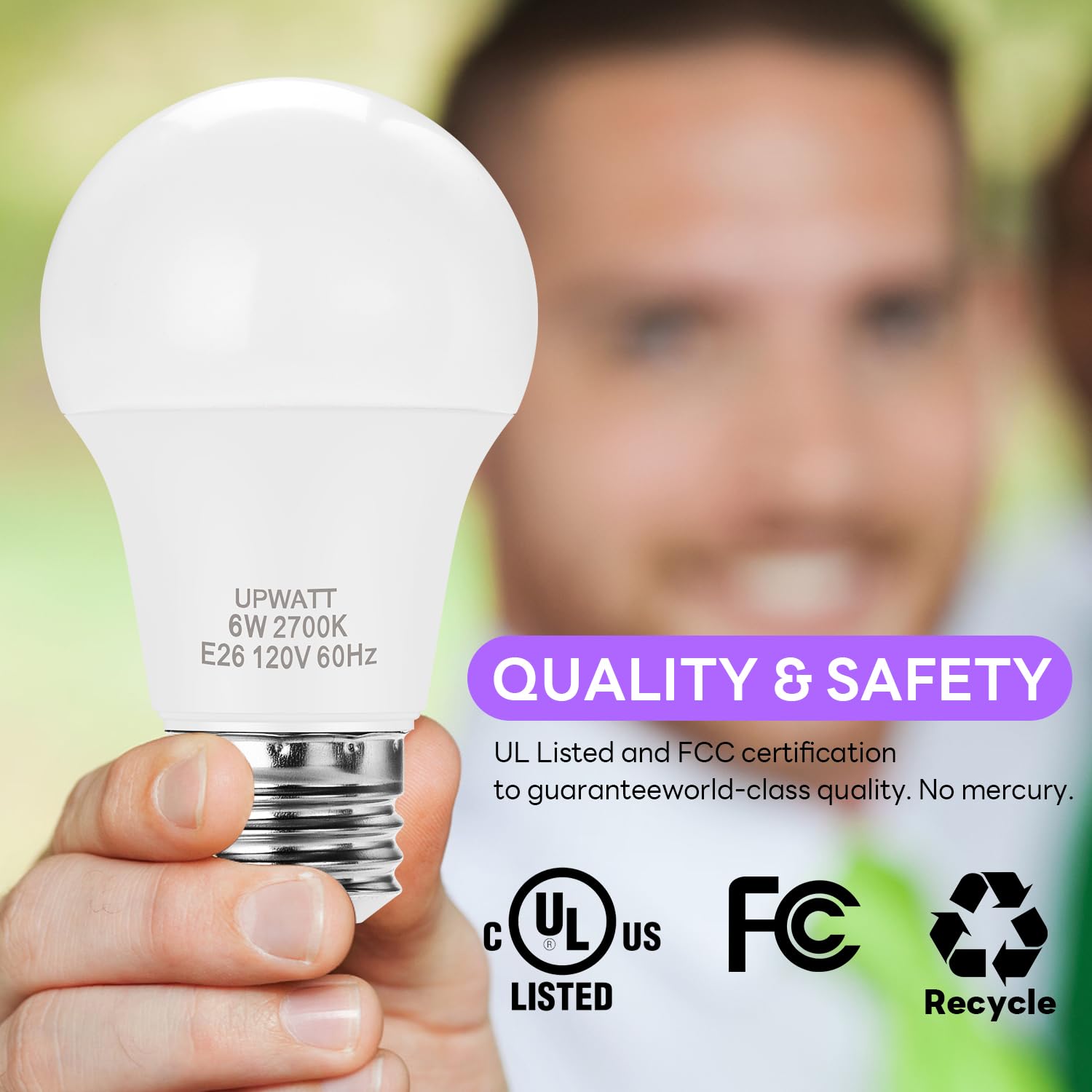 Upwatt A19 Led Light Bulb, 6W (40W Equivalent) 2700K Warm Yellow Light, 570 Lumens, Non Dimmable, E26 Standard Medium Base For B