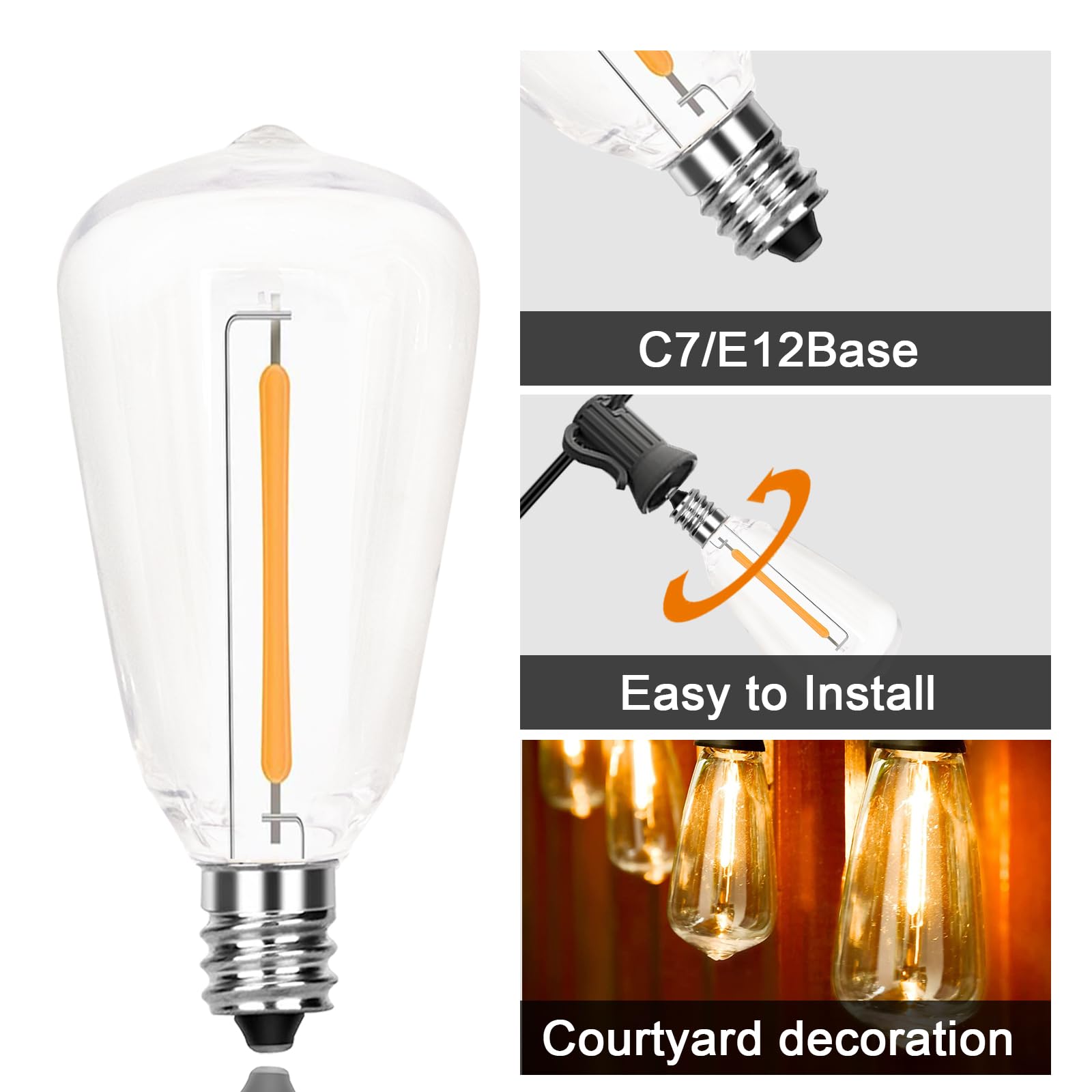 Goothy 10 Pack Led Replacement Light Bulbs, E12 Candelabra Base Edison Bulbs For St38 Outdoor Patio String Lights, 0.6W Shatterp