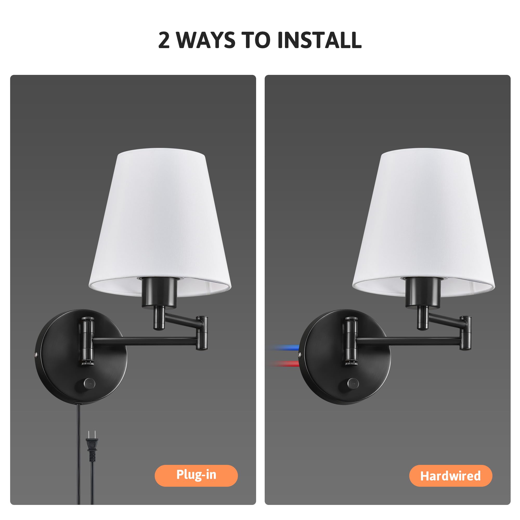 VONLUCE Wall Sconce Set of 2, Adjustable Swing Arm Lamps, Fabric Shade, Black