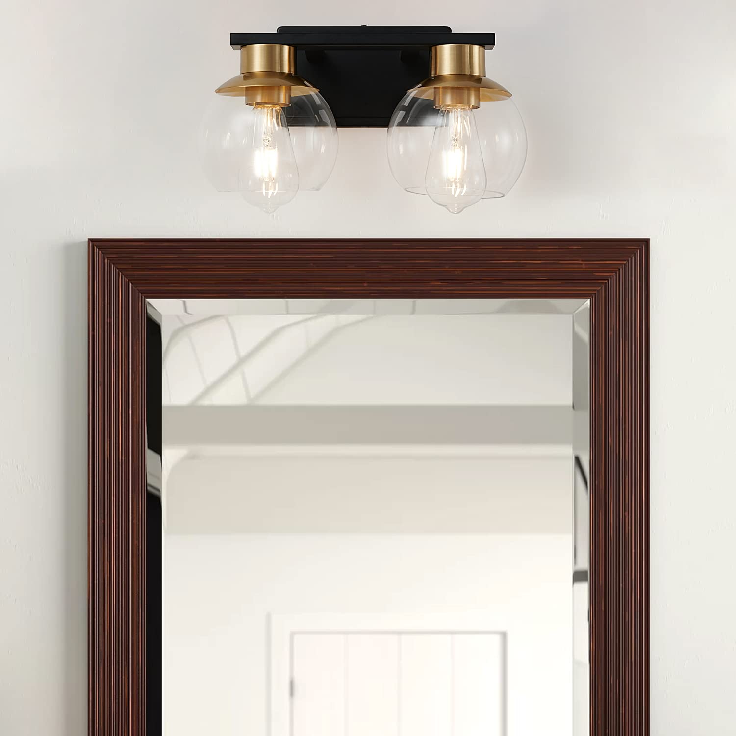Pazala 2 Light Vanity Lights, Black Gold Bathroom Wall Sconce Light With Globe Glass Shade, Bathroom Light Fixture Over Mirror F