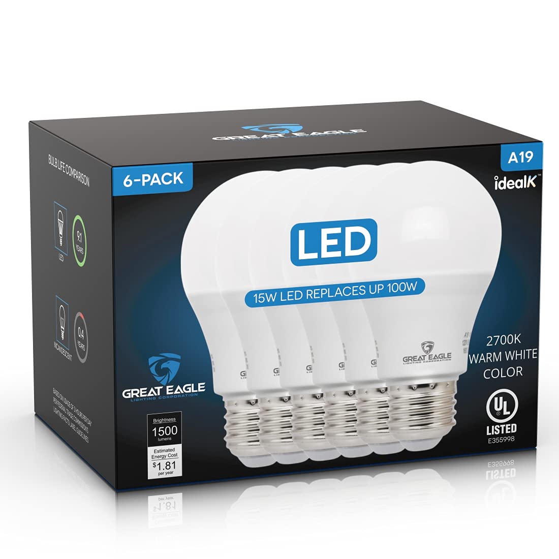 Great Eagle A19 LED Light Bulbs 100W Equivalent, 15W Non-Dimmable, 1500 Lumens, 6 Pack, 2700K Warm White, UL Listed