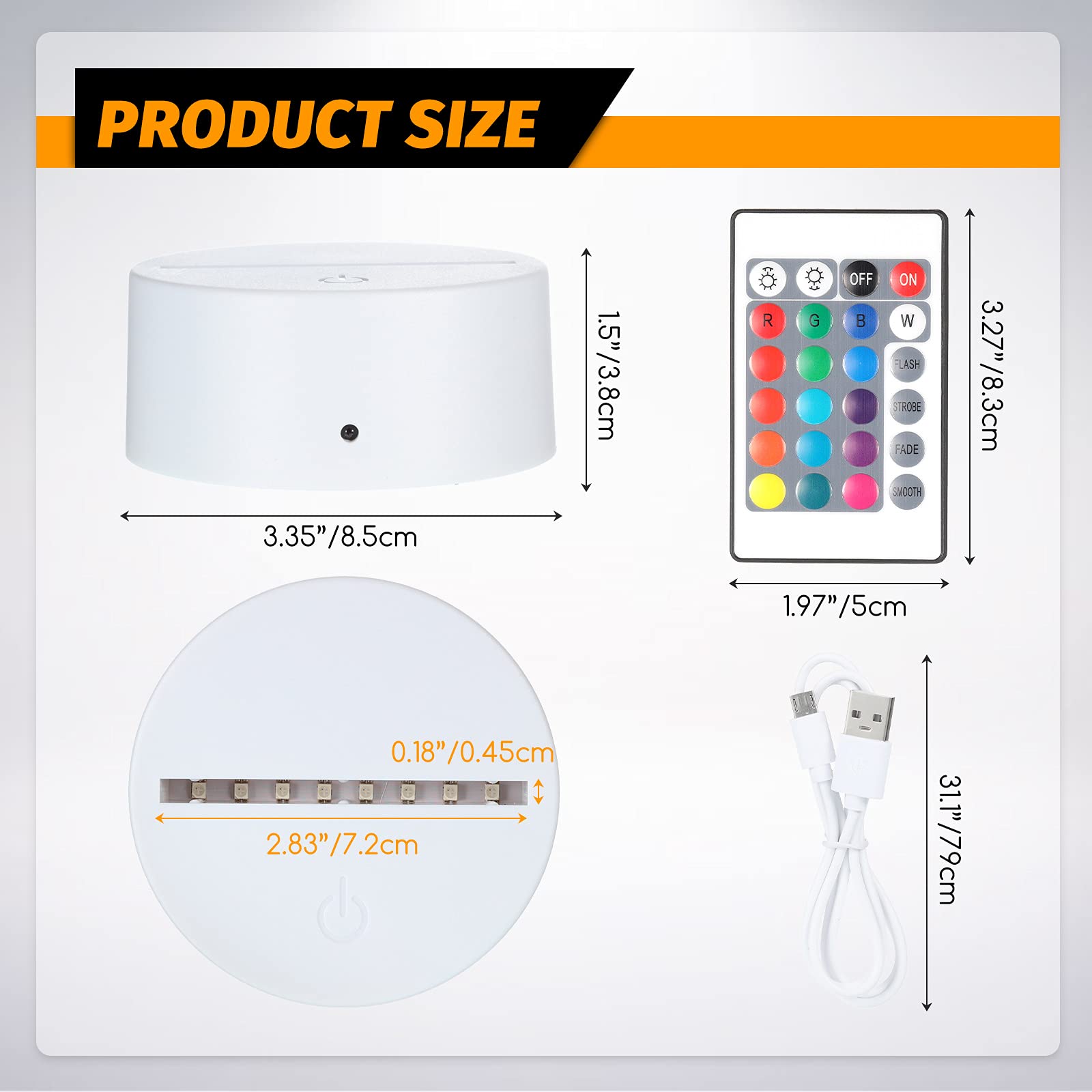 Honoson 3D Night LED Light Lamp Base, 16 Colors, Remote Control, Small, White