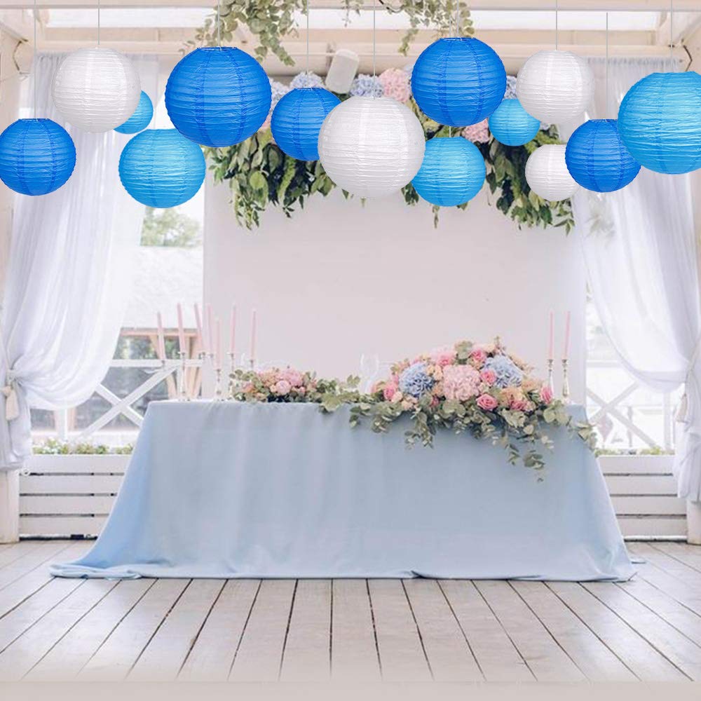 Zilue 24Pcs Hanging Round Paper Lanterns For Wedding Birthday Party Baby Showers Decoration Blue/White