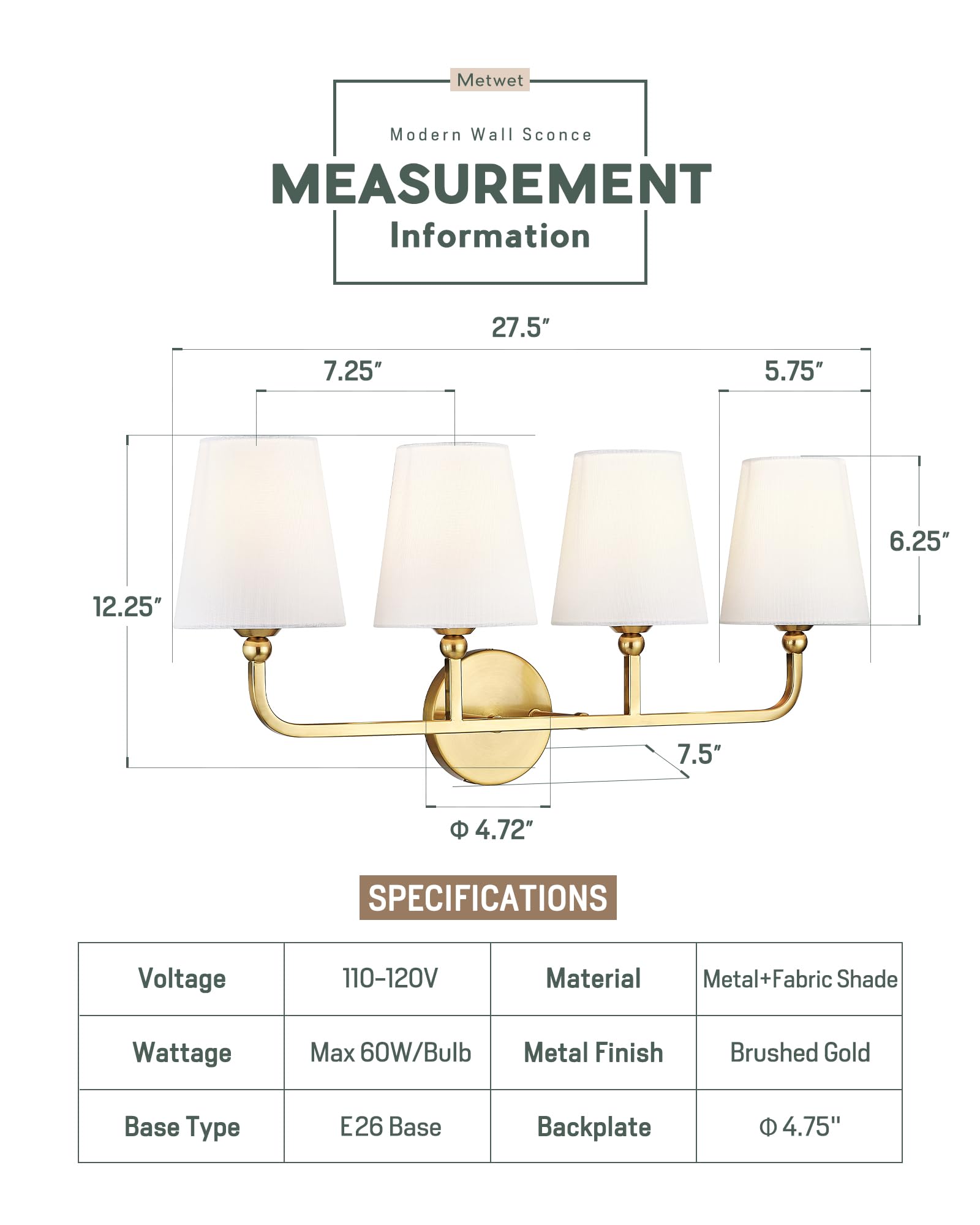 METWET 4-Light Bathroom Vanity Light, Brushed Gold Metal Sconces with White Fabric Shade, Model VL837-BG-4, Modern Design for Hallway/Bedroom