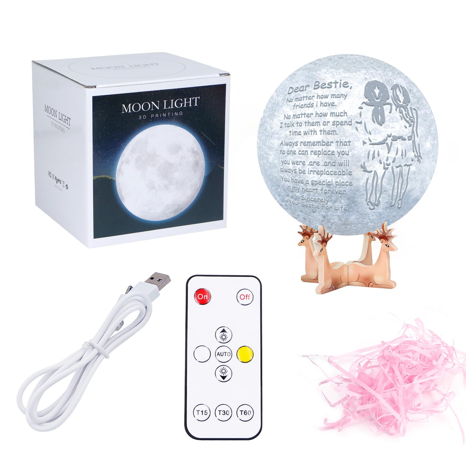 K Kenon Personalized 3D Moon Lamp Gift For Bestie, Personalized 5.9 Inch 3D Printing Moon Light Gift, Valentine'S Christmas Birthday Gift For Bestie Best Friend Sister