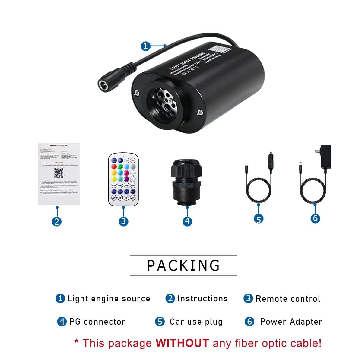 AKEPO Mini Fiber Optic Light Engine, 6W Twinkle, RGBW Bluetooth Control, Music Sync, Model QJ-L006