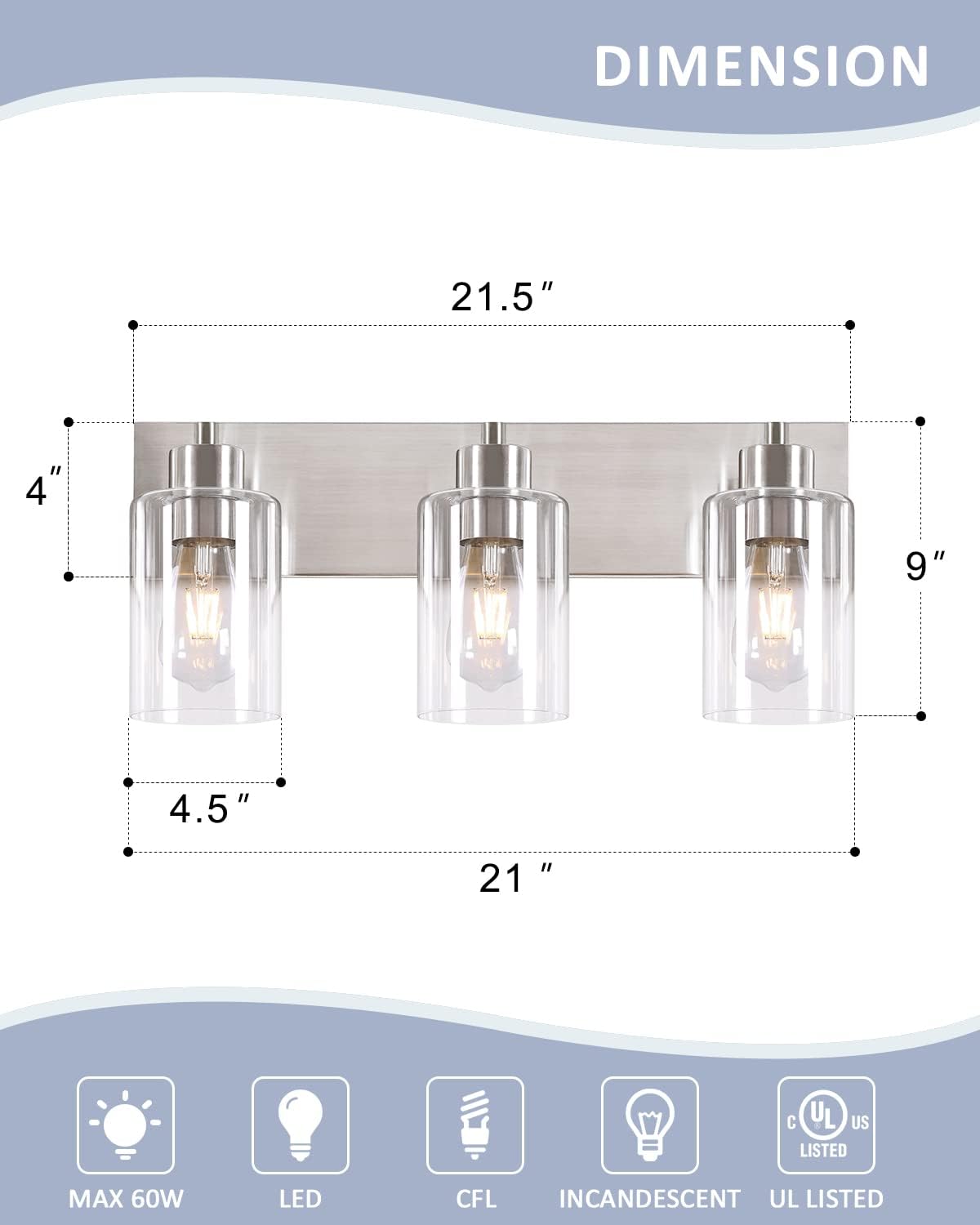 Chosenior 3-Light Bathroom Vanity Light Fixture, Brushed Nickel Metal, KW-7301-3, Modern Glass Shade Over Mirror Lighting