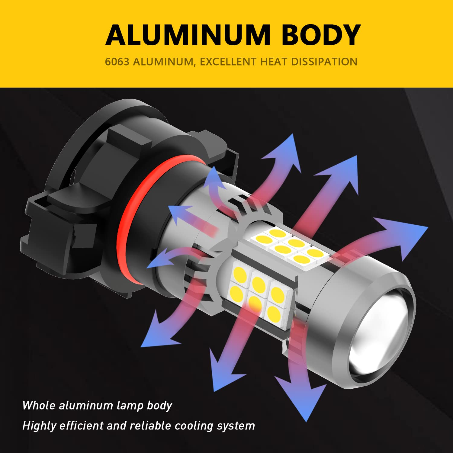 PHINLION PSX24W LED Fog Light Bulbs, 3200 Lumens, 3000K Golden Yellow, Aluminum, DRL Replacement for Cars, Trucks, SUVs