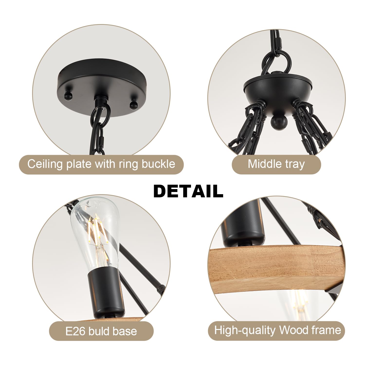 brfaixla 8-Light Wooden Wagon Wheel Chandelier, 23.6'' Natural Farmhouse Pendant Light, Black Metal, Model MD2213-8B