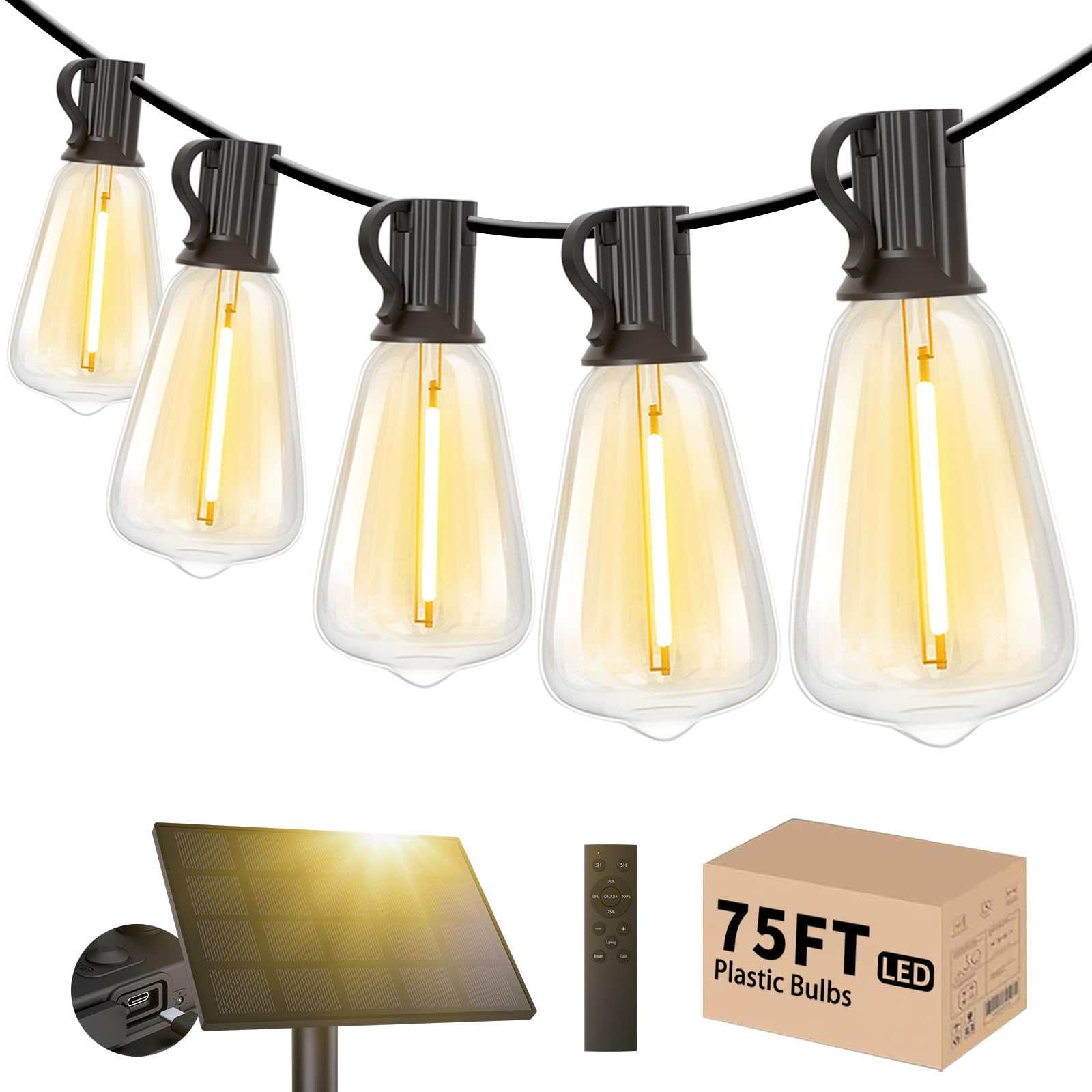 Svater Solar Outdoor String Lights 75 FT, ST38 Patio Lights Shatterproof Dimmable Vintage Edison Bulbs, Solar Powered Weatherpro