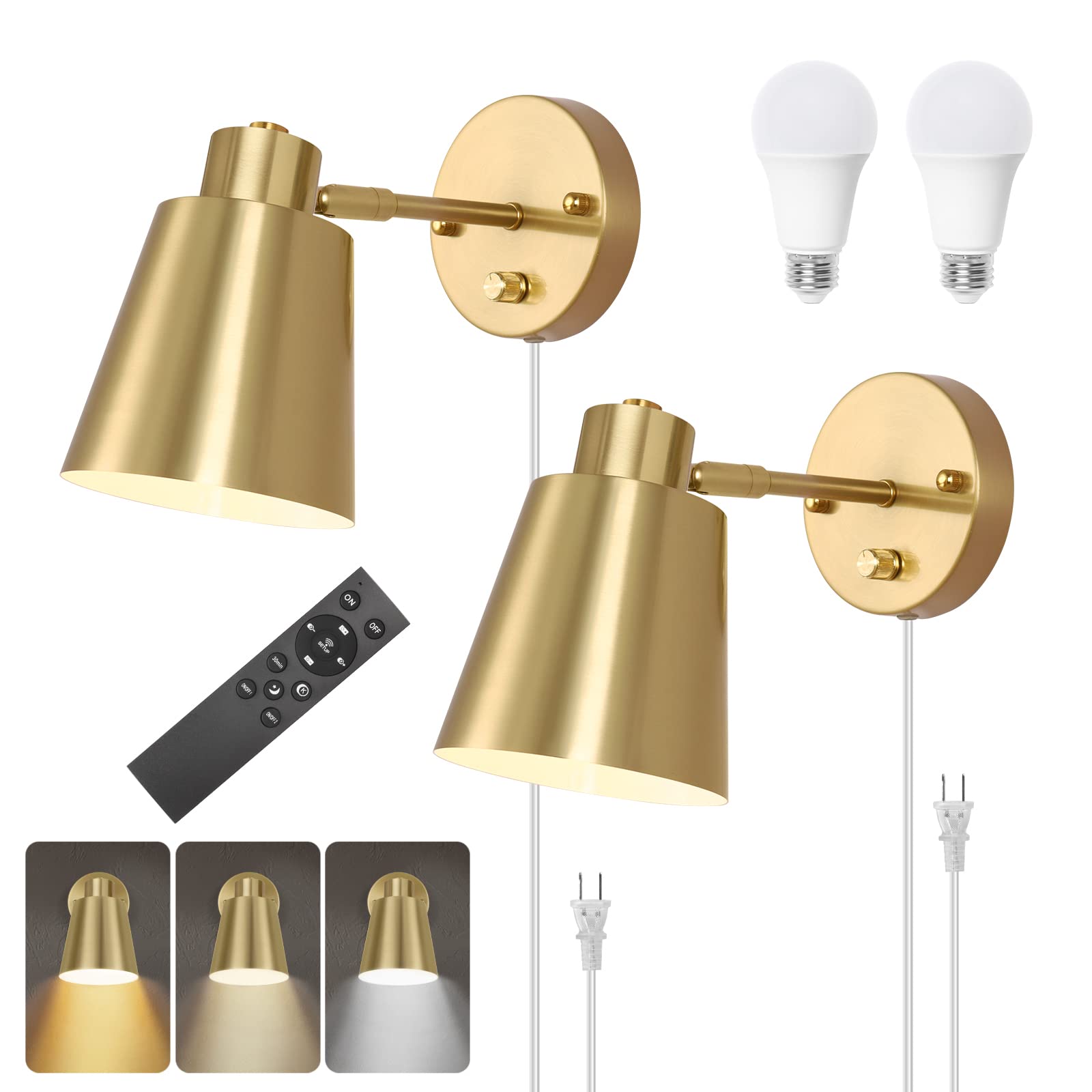 Vatoni Plug In Wall Sconces With Remote Control, Adjustable Color Temperature 2700K-6000K And Dimmable Wall Sconces Gold Wall Li