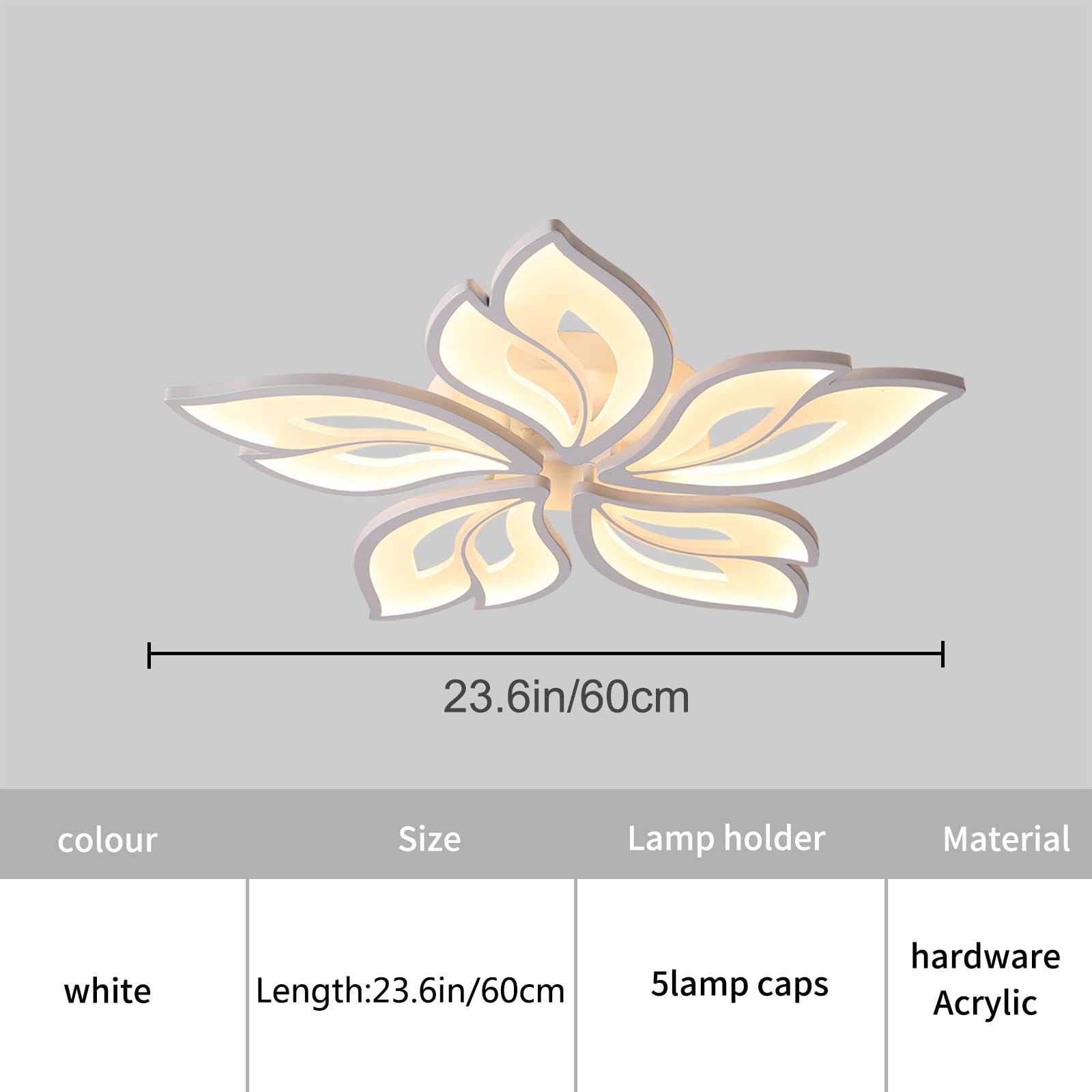 Garwarm Modern Ceiling Light, 23.6in Dimmable LED Chandelier, Remote Control, Iron, White, Model 6055-5-WJ