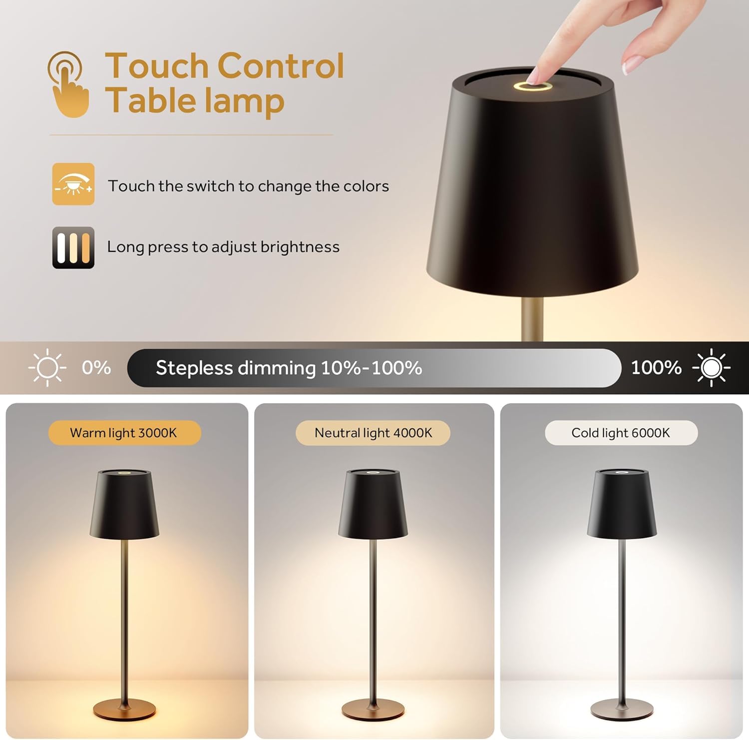 Sevenment Rechargeable Table Lamp,7-70 Hours Battery Operated Desk Lamp,Waterproof,Adjustable Height,3-Color Stepless Dimming,Bl