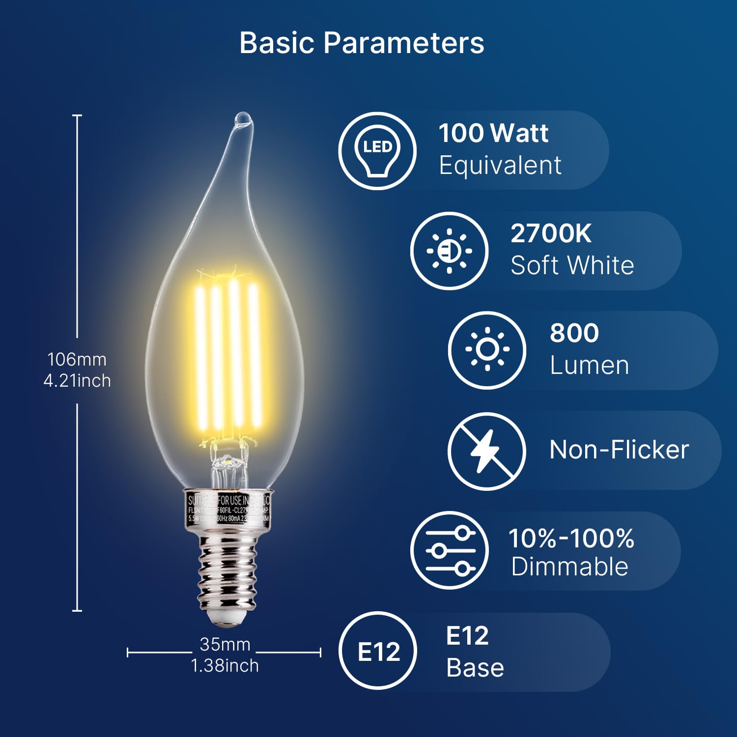 FLSNT CA11 LED E12 Chandelier Bulbs, 100W Equivalent, 2700K Soft White, 800LM, Dimmable, 6 Pack, UL Listed
