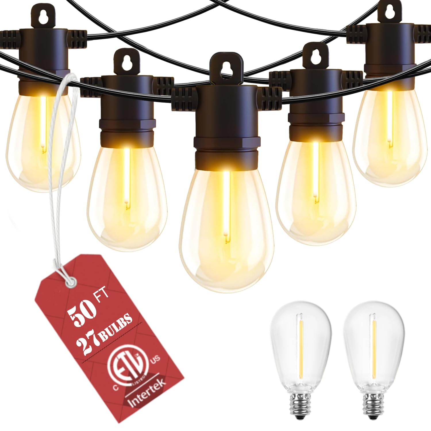 LONIUTO Outdoor String Lights, 50FT with 27 S14 Vintage Waterproof LED Bulbs, Black, Model LNO3976