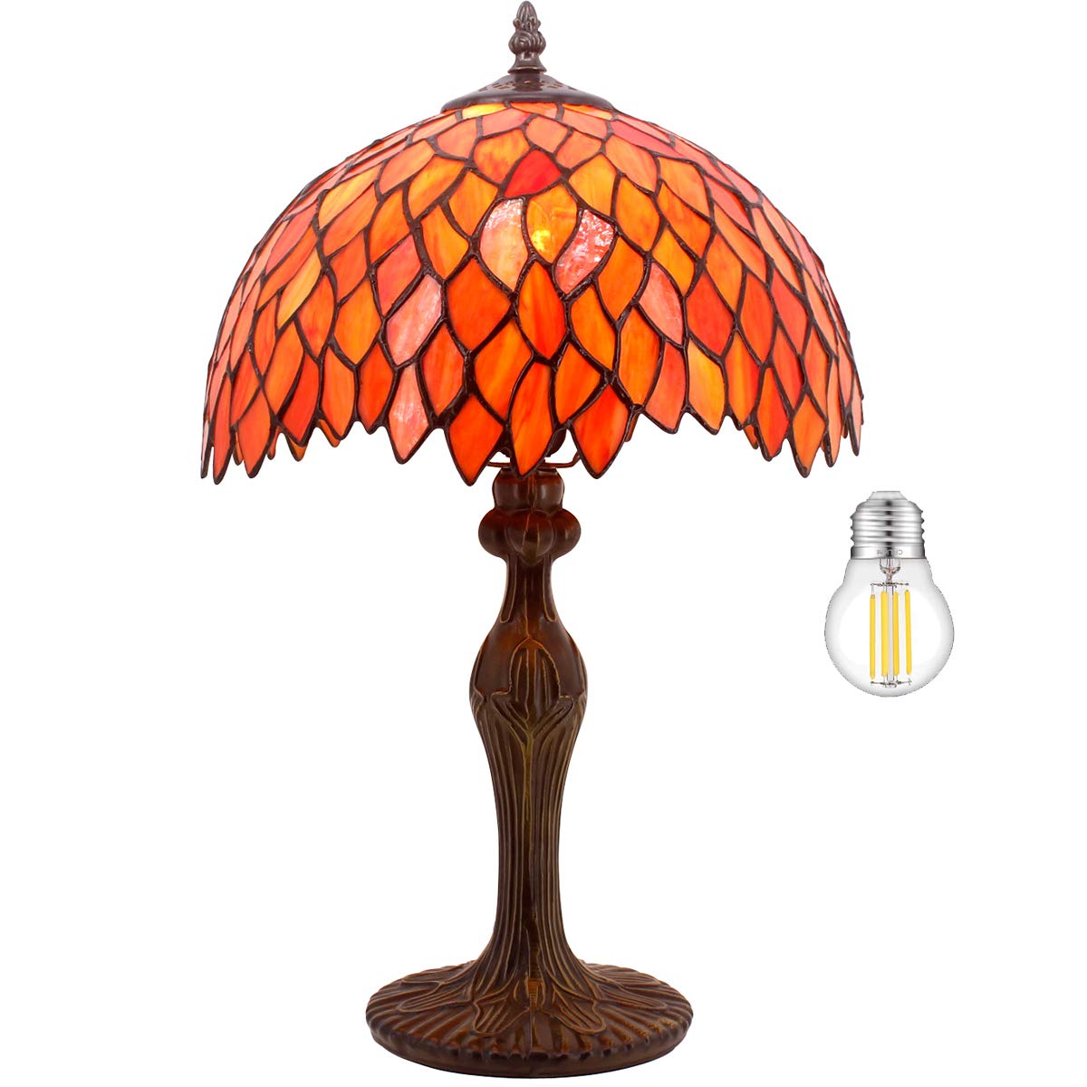 WERFACTORY Tiffany Lamp Stained Glass Table Lamp Red Wisteria Style 12X12X18 Inches Glass Home Office Bedside Reading Light