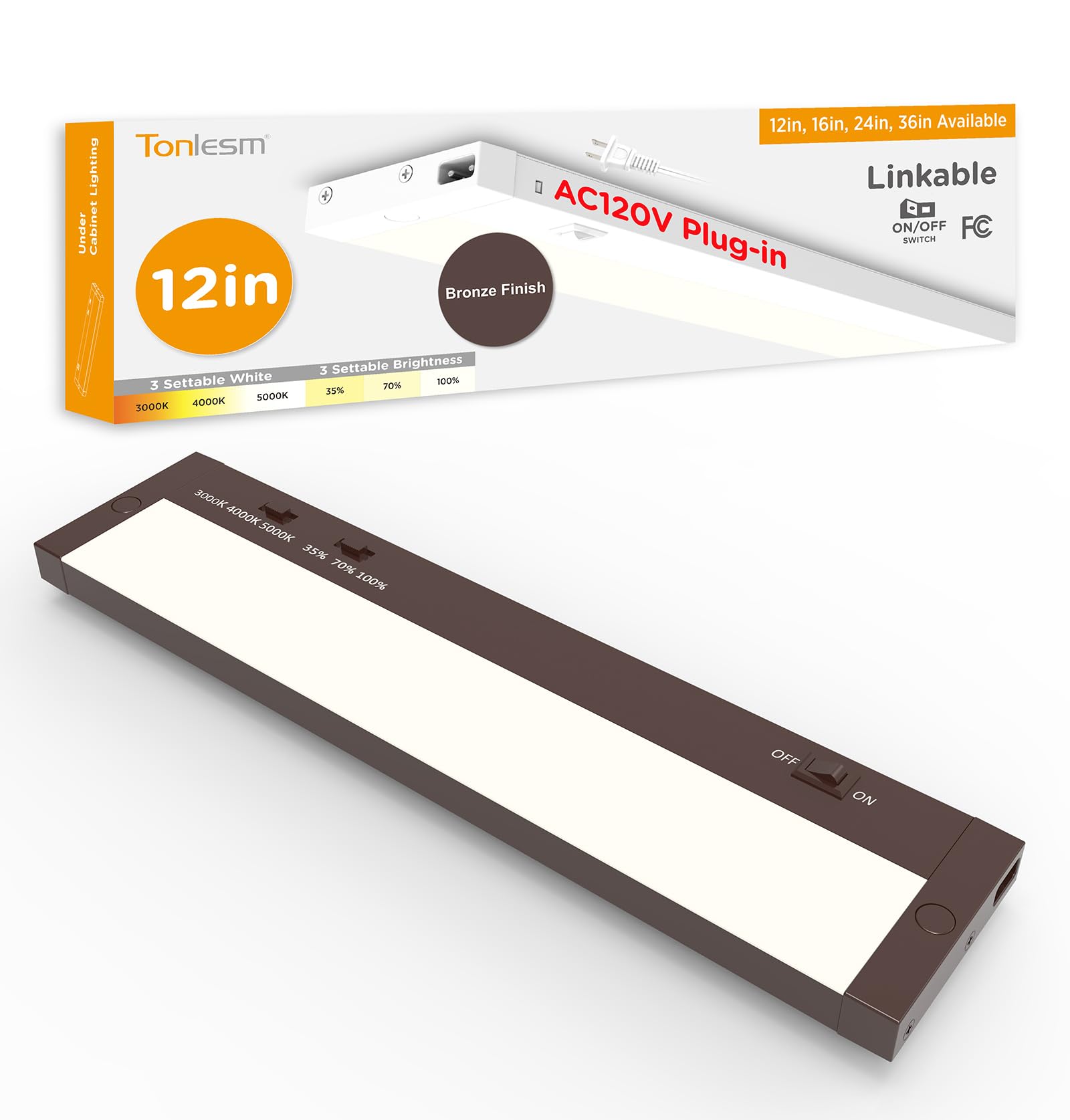 Tonlesm 12 Inch Under Cabinet Lighting Plug in  7W 120V 3 Color 3000K/4000K/5000K  3 Brightness  Super Bright  Ultra Thin Under Counter Lights for Kitchen  Linkable LED Cabinet Light  Bronze