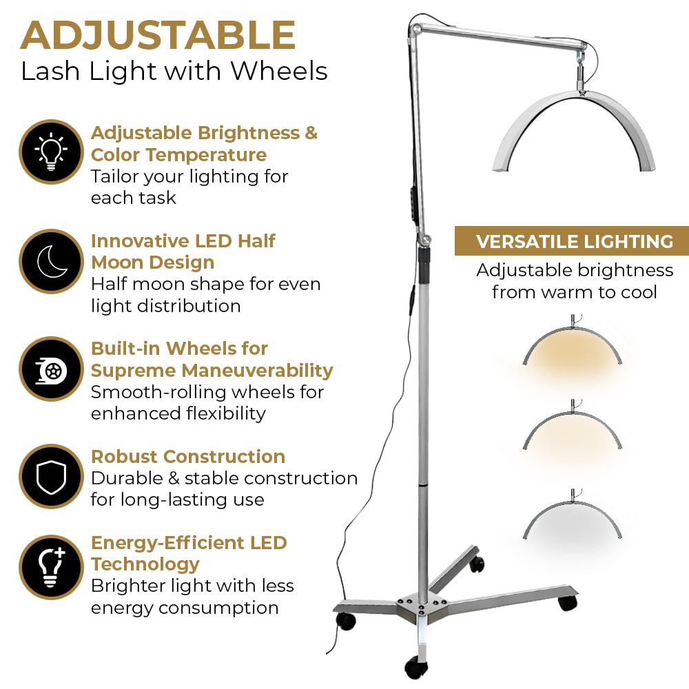 Existing Beauty LED Half Moon Light for Eyelash Tech - Adjustable Brightness, Black, Aluminum, Easy Setup