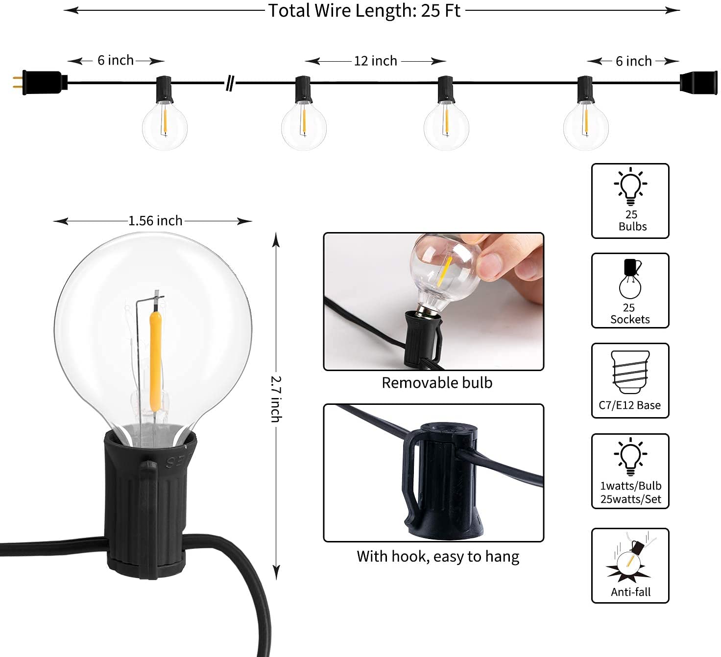 XERGY Outdoor String Lights 25 Feet G40 Globe Lights with 26 Edison Break Proof Bulbs (1 Spare), Light for Backyard Terrace Gard