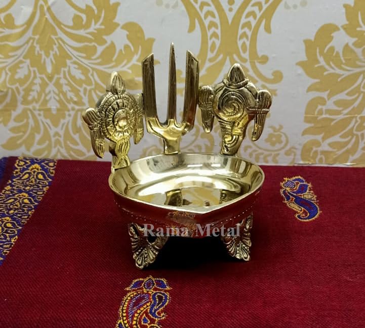 RAMA METAL Shankh Chakra Namah Design Brass Diya Over Carved Legs, Deepam Oil for Pooja, Shankha Gada Padma, Padmanabha Swami, S