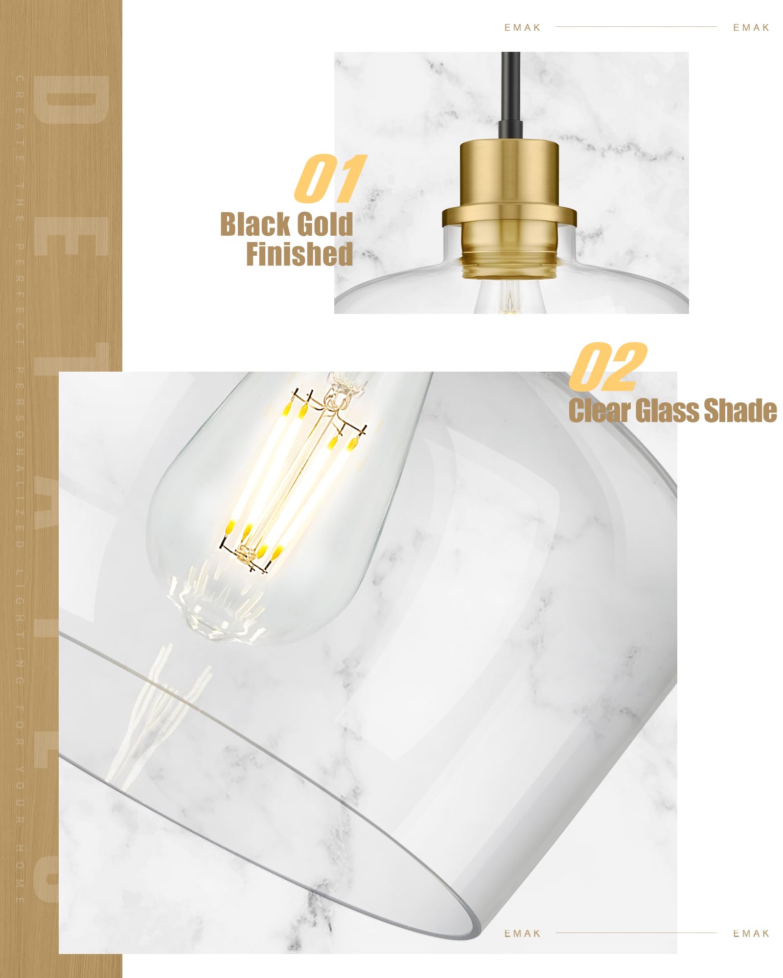 Emak 2 Pack Black Gold Pendant Lights Kitchen Island, Modern 8 Inch Clear Glass Pendant Light, Farmhouse Island Lights For Kitch