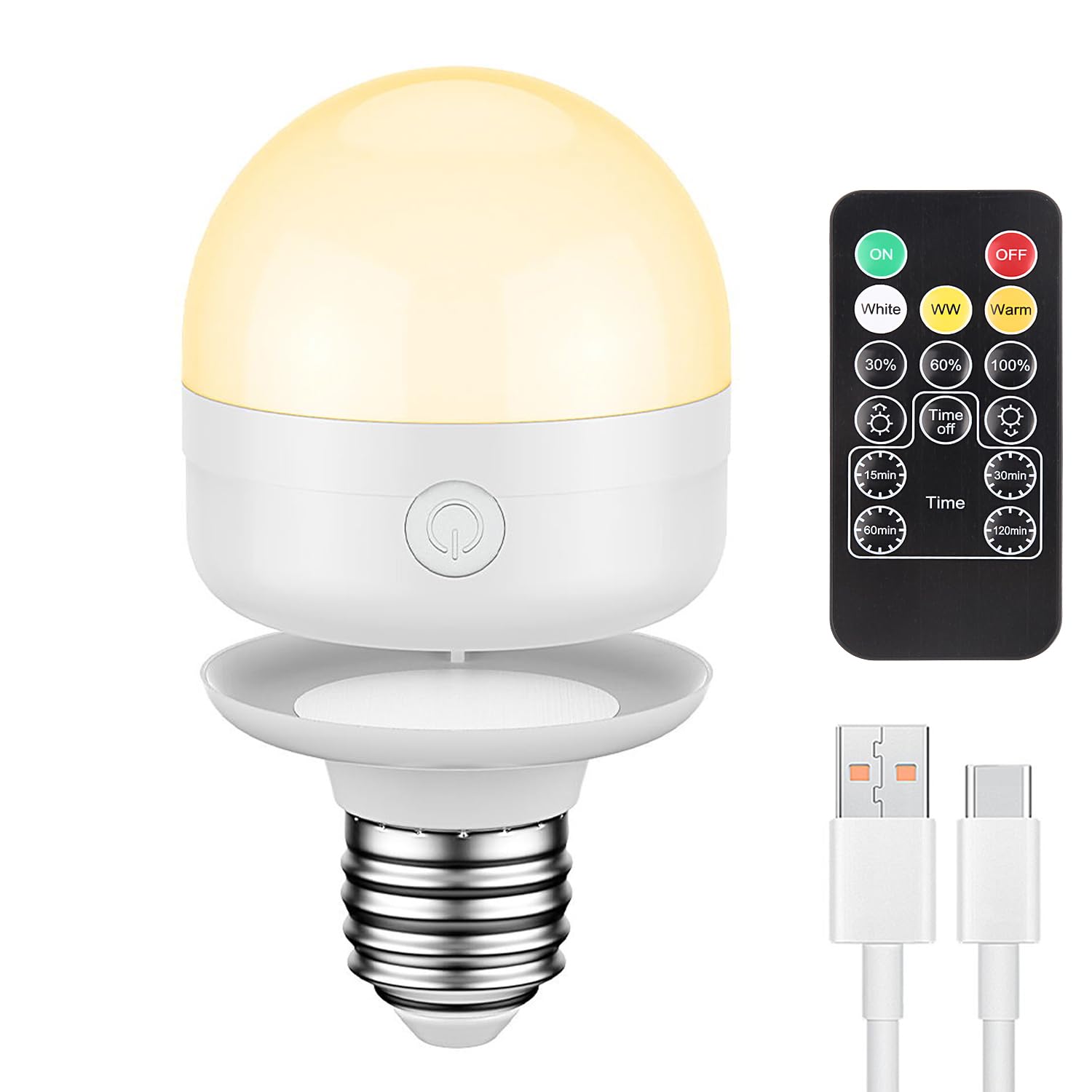 SCOPOW 1PC Rechargeable Light Bulbs with Remote Control Timer and 3 Color Temperature Rechargeable Battery Operated Light Bulb (5W+E26+3Colors+1PC)