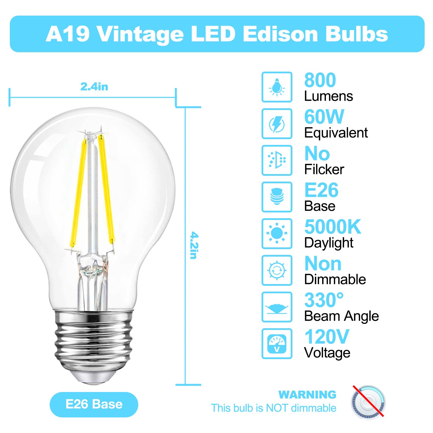 dalattin A19 Vintage LED Edison Bulbs 60W Equivalent 5000K Daylight White 12 Pack E26 Base Non-Dimmable