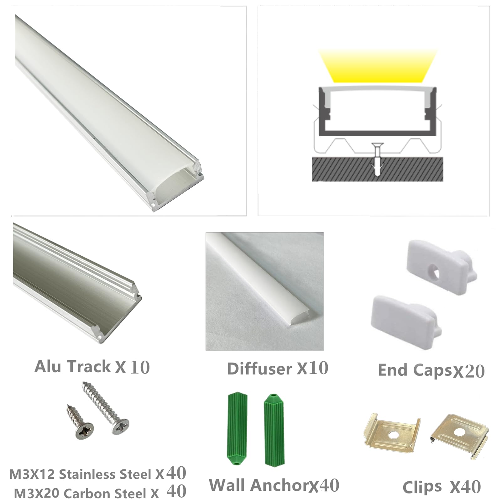 THMOOTHER LED Strip U Channel Diffuser 10-Pack, 6.56FT Aluminum Track with Milky Cover for Cabinets, Stairs, and Walls - Silver